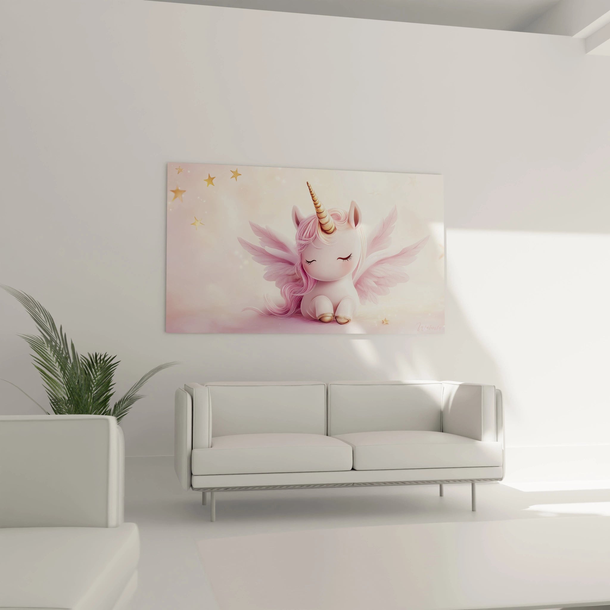 Un tableau licorne pour enfant mettant en scÚne une licorne stylisée aux teintes rose et or, avec des sabots scintillants et un arriÚre-plan flouté. Surface lisse et reflets lumineux discrets.