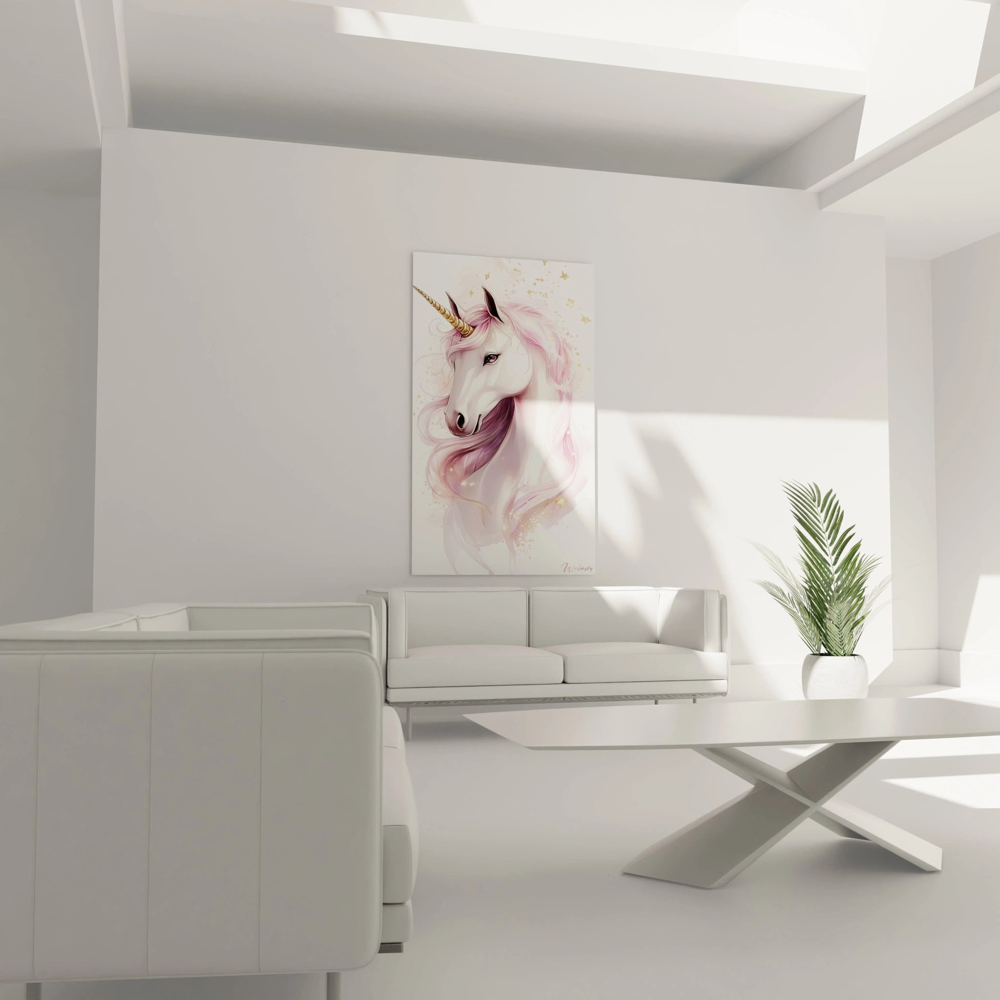 Un tableau licorne pour enfant montrant une licorne détaillée aux couleurs pastel, avec des reflets dorés dans sa crinière et un fond clair parsemé d’éclats scintillants.