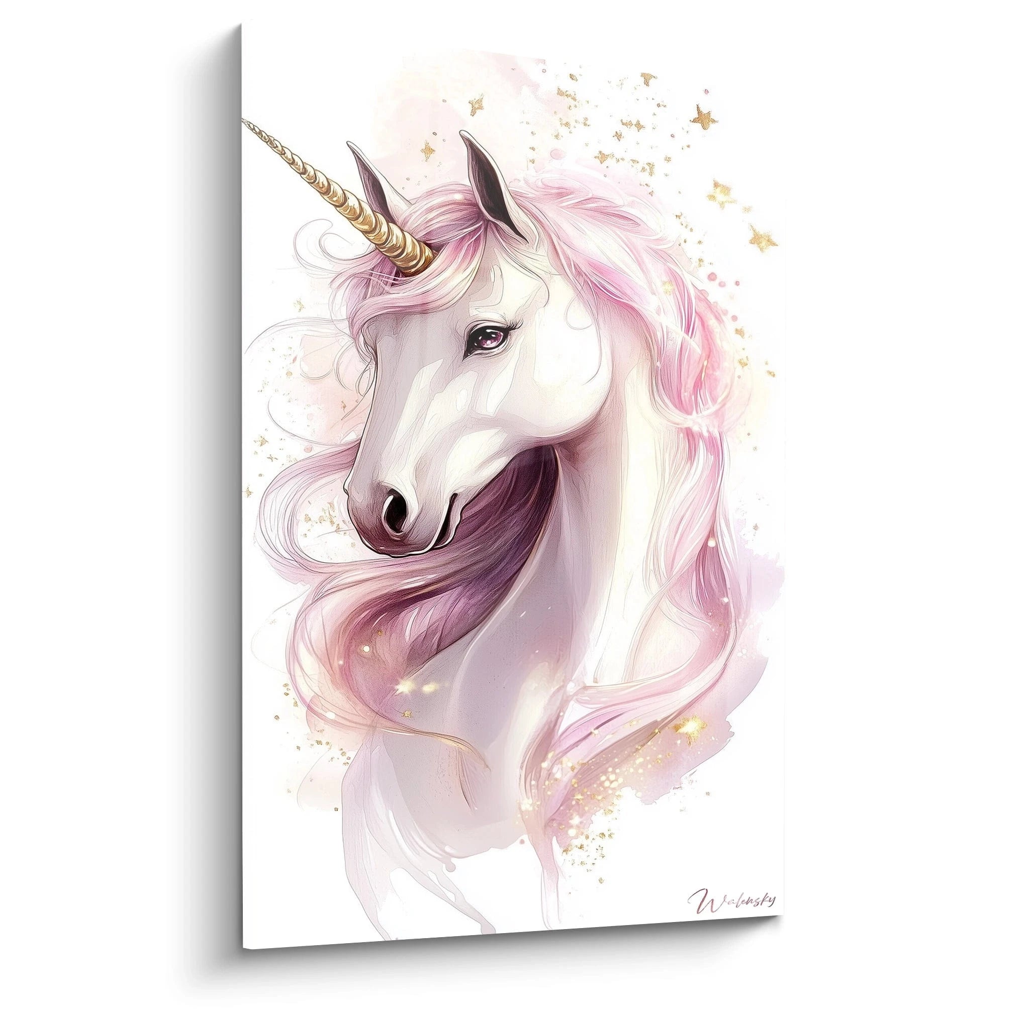 Un tableau licorne pour enfant représentant une licorne blanche avec une crinière rose et dorée, un fond clair orné d’étoiles dorées et des effets vaporeux en aquarelle.