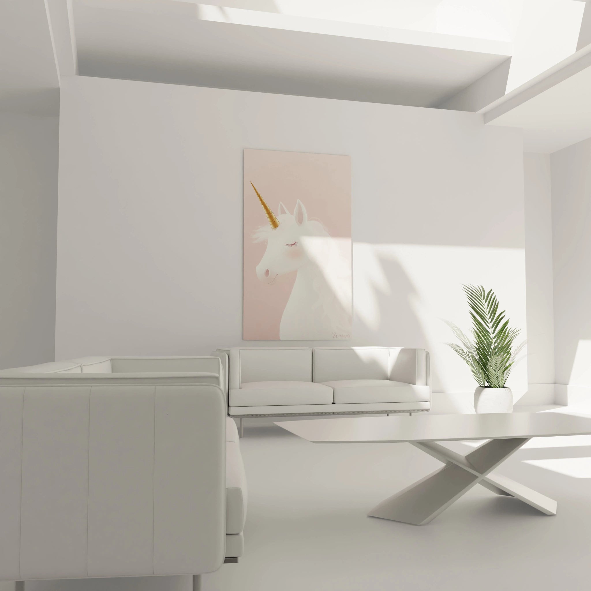 Un tableau licorne pour enfant mettant en scÚne une licorne de profil, avec un pelage blanc uniforme, une criniÚre fluide et une corne dorée détaillée, contrastant avec un fond rose clair.