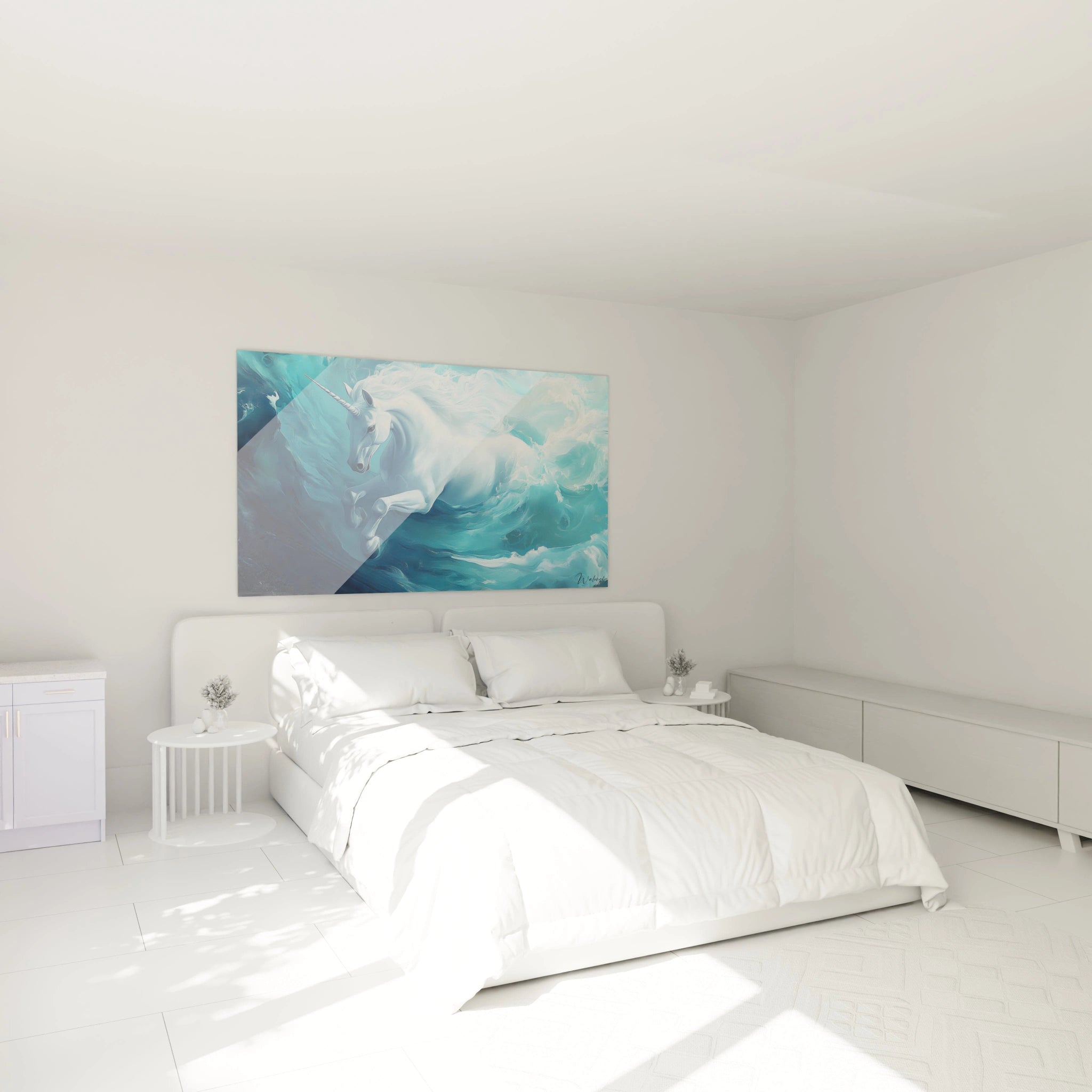 Un tableau licorne majestueux représentant l'animal mythique immaculé en plein mouvement dans un océan céleste. Le contraste entre le blanc éclatant de la créature et les différentes nuances de bleu crée une atmosphère onirique aux textures ondoyantes.