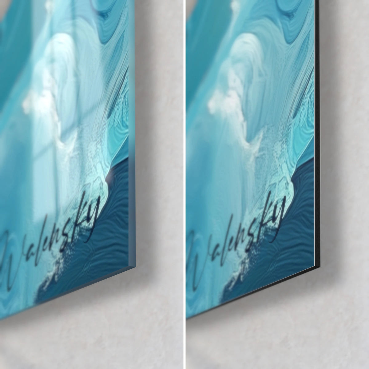 Quadro unicorno e onde blu anatra, angolo in basso a destra: vetro acrilico lucido a sinistra, alluminio Dibond nero opaco a destra, bordo da 3 mm