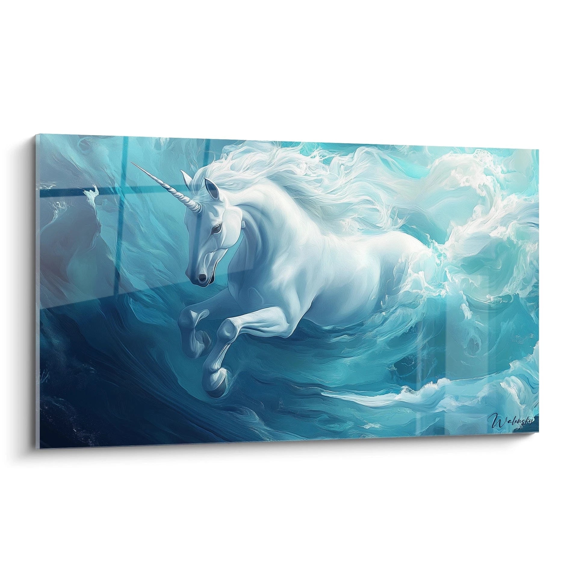 Un tableau licorne blanche galopant à travers des vagues turquoise et bleu profond. La créature mythique, au corps lumineux et à la crinière ondulante, se déplace avec grâce dans un environnement aquatique éthéré aux textures fluides et mouvantes.