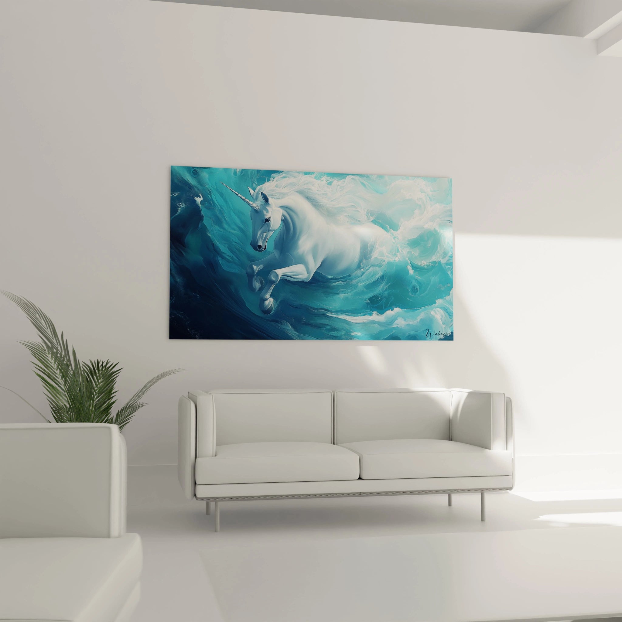 Un tableau licorne élégant montrant la créature légendaire blanche à corne spiralée nageant parmi des vagues turquoise. Les textures fluides se fondent entre la crinière flottante de l'animal et l'environnement aquatique aux dégradés de bleu profond.