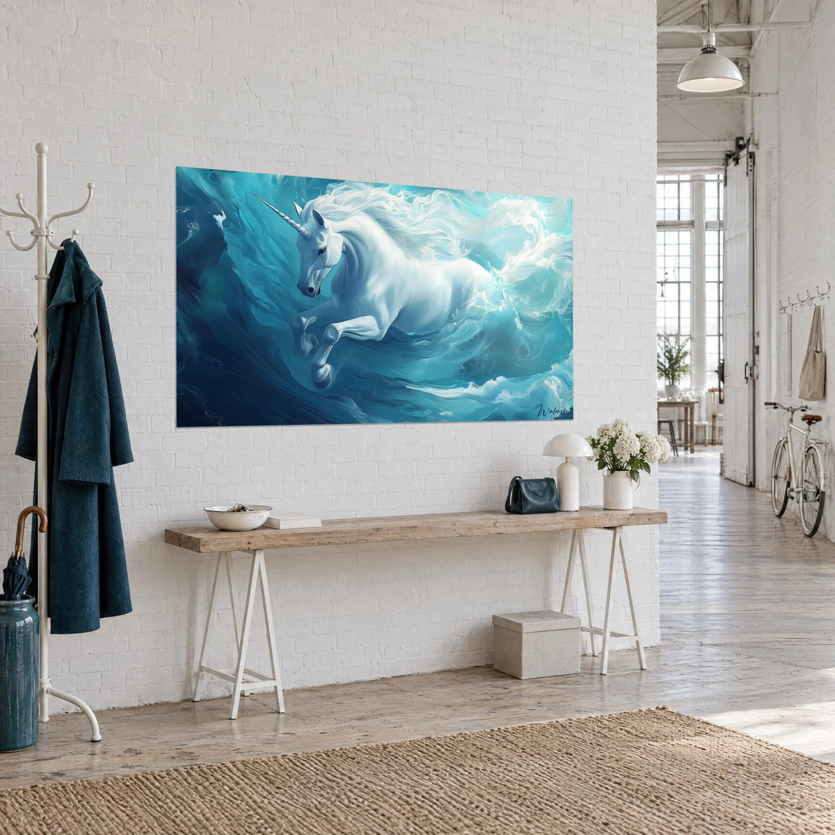 Quadro cavallo mitico con criniera di schiuma avorio che erompe da un vortice azzurro e indaco, su una parete bianca da loft