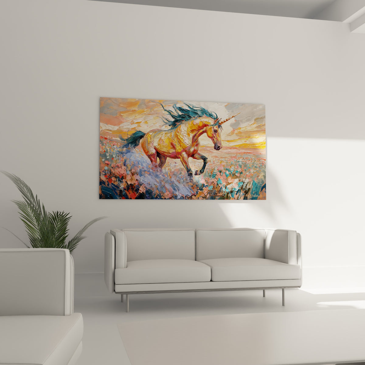 Silhouette de licorne ocre et bleu pétrole surgissant d'un champ rose et corail, au-dessus d'un canapé dans un salon lumineux