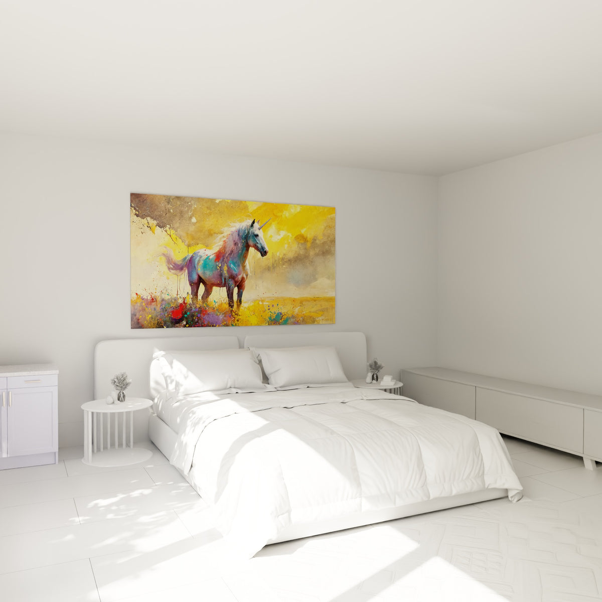 Licorne mythique turquoise et dorée surplombant un lit dans une chambre claire et lumineuse