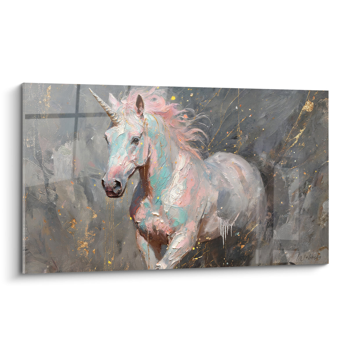 Licorne au galop en peinture texturée, crinière rose et corps turquoise sur fond anthracite doré