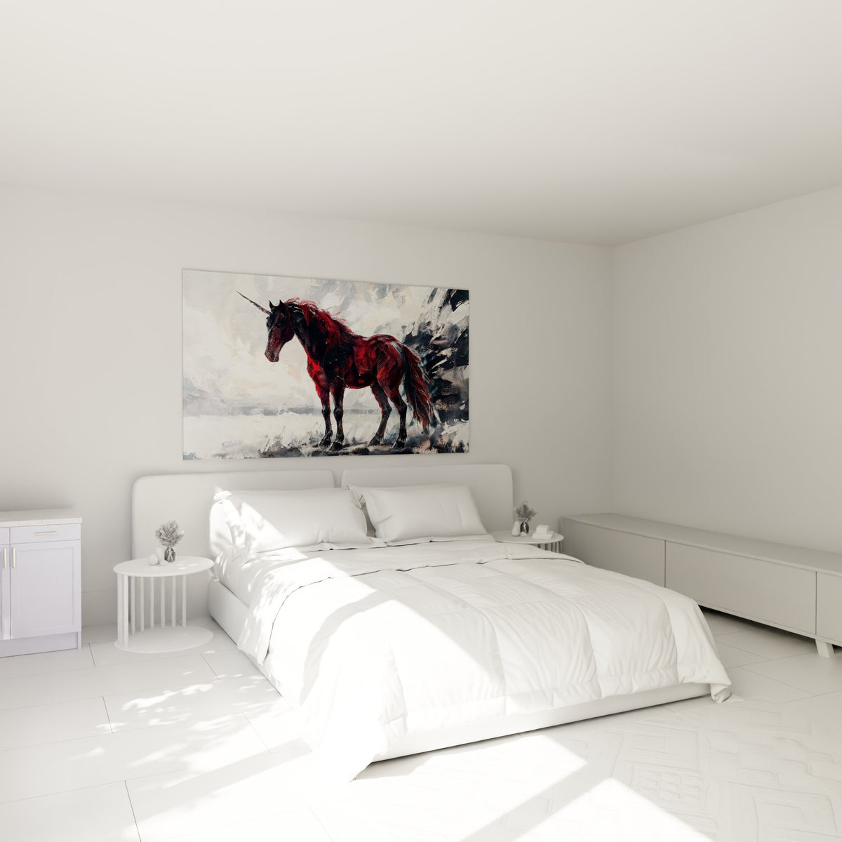 Créature mythique rouge et anthracite dans un paysage glacé, accrochée au-dessus d'un lit dans une chambre claire