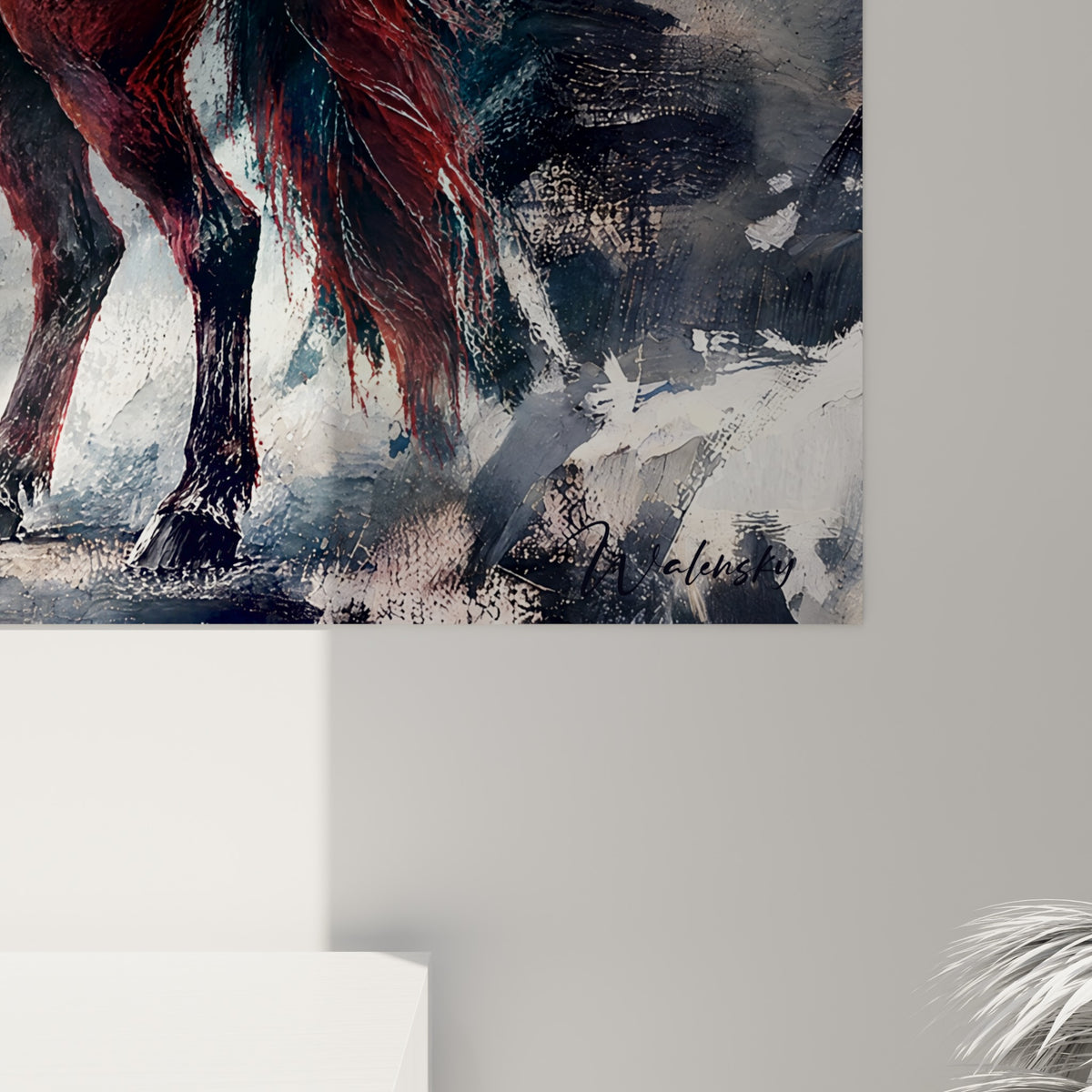 Empâtements rouges et noirs formant la crinière de la licorne, coulures de peinture visibles sur toile texturée