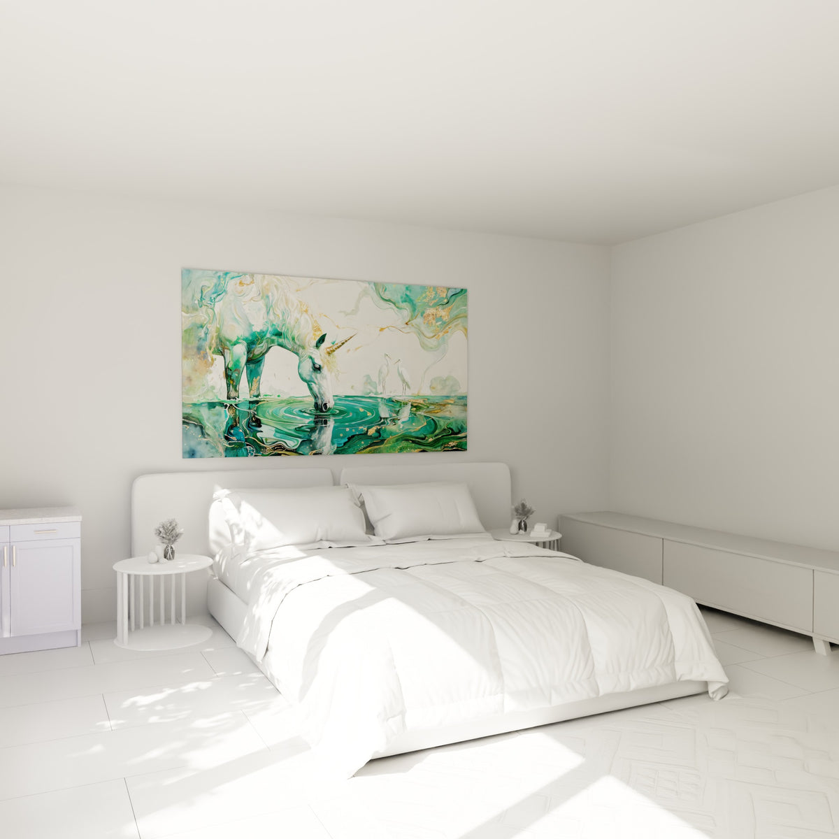 Créature légendaire aux reflets émeraude et dorés au-dessus d'un lit dans une chambre claire