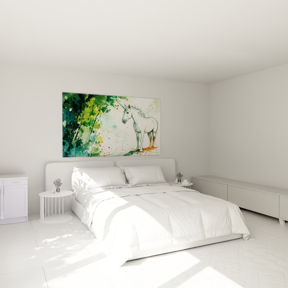 Licorne blanche et fond vert émeraude tacheté d'orange, accrochée au-dessus d'un lit dans une chambre claire