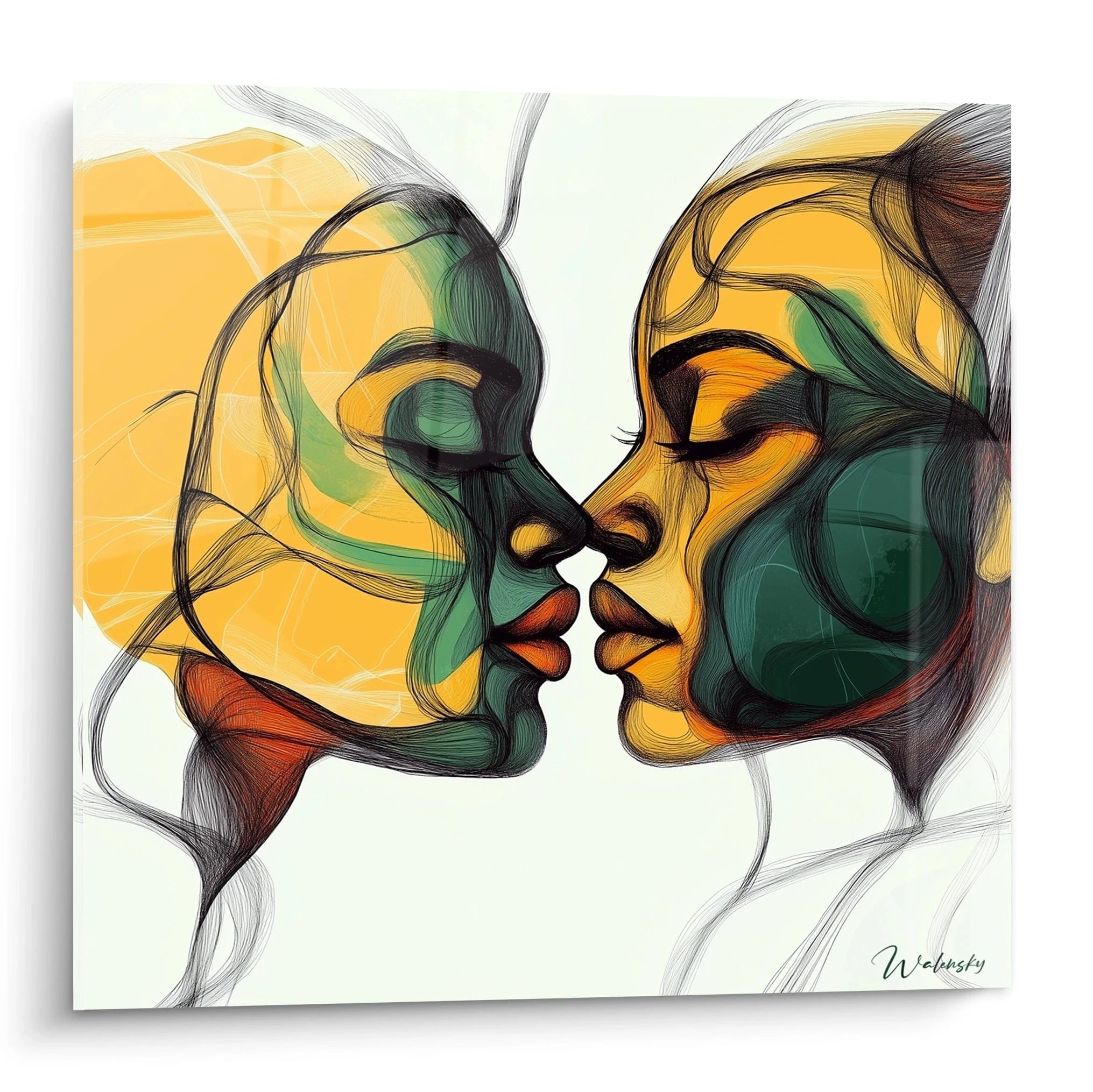Un tableau visage abstrait représentant deux profils face à face, composé de lignes fluides superposées créant des formes dynamiques. Les teintes jaune doré, vert émeraude et orange terracotta s'entremêlent avec des traits noirs définissant les contours des visages.