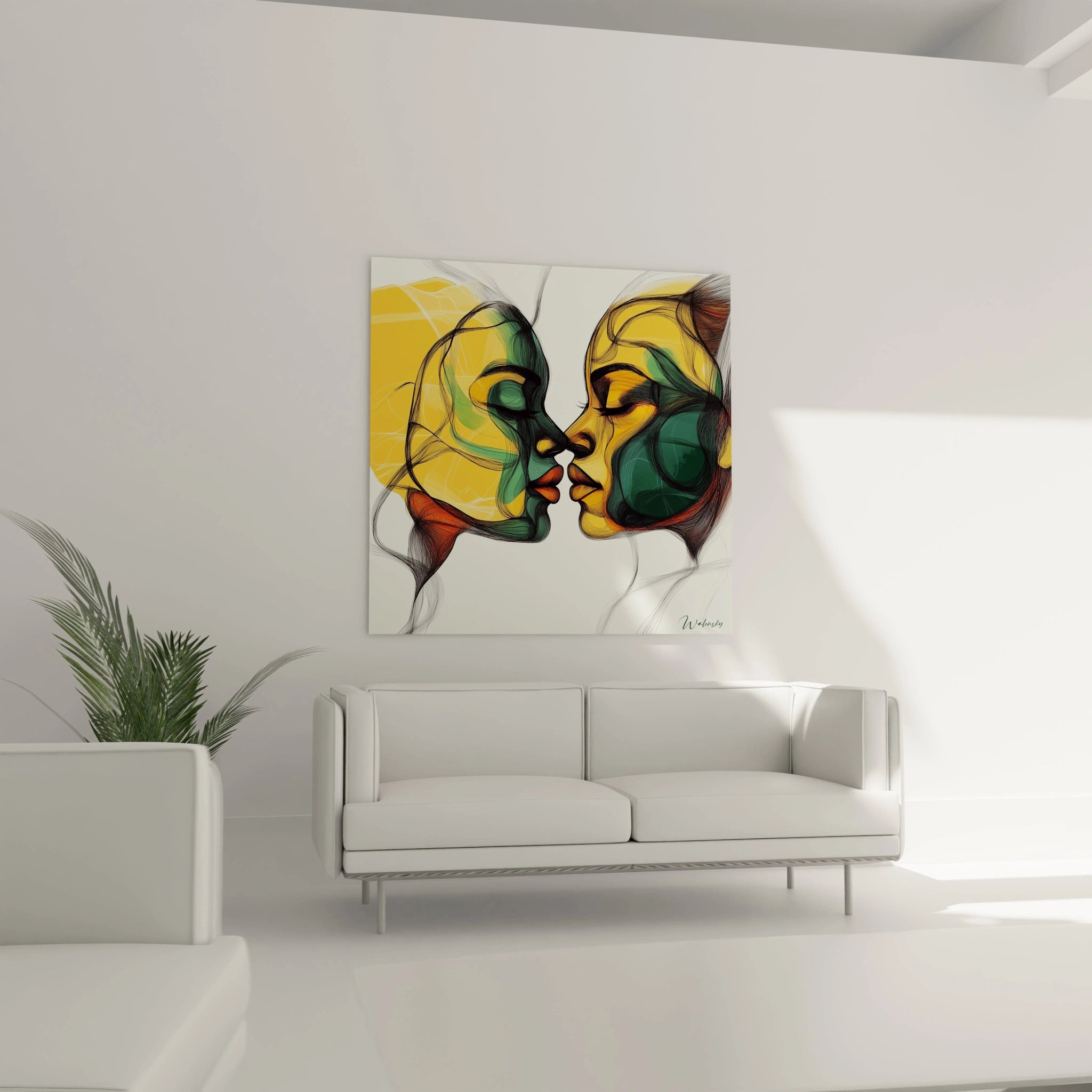 Un tableau visage abstrait présentant deux profils en conversation silencieuse. L'œuvre utilise des traits filiformes noirs sur fond clair avec des aplats de couleur jaune lumineux, vert émeraude et accents orange-rouge, créant une impression de mouvement et de connexion.