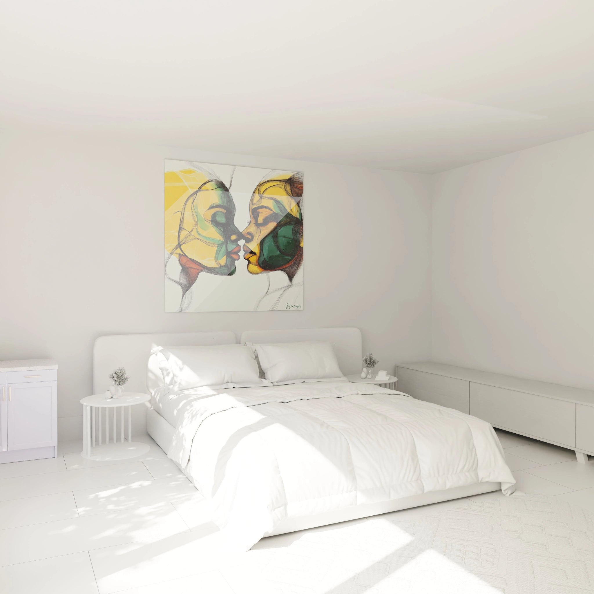 Un tableau visage abstrait montrant deux silhouettes de profil qui se font face, presque en contact. Des lignes fines et expressives dessinent les contours sur un fond pâle, avec des zones colorées en jaune vif, vert profond et touches orangées qui structurent les visages stylisés.