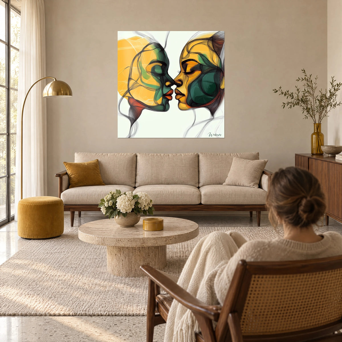 Gemälde zwei abstrakte Gesichter Stirn an Stirn, Flächen in Safrangelb und Tannengrün, schwarze Linien, über einem Sofa in einem hellen Wohnzimmer
