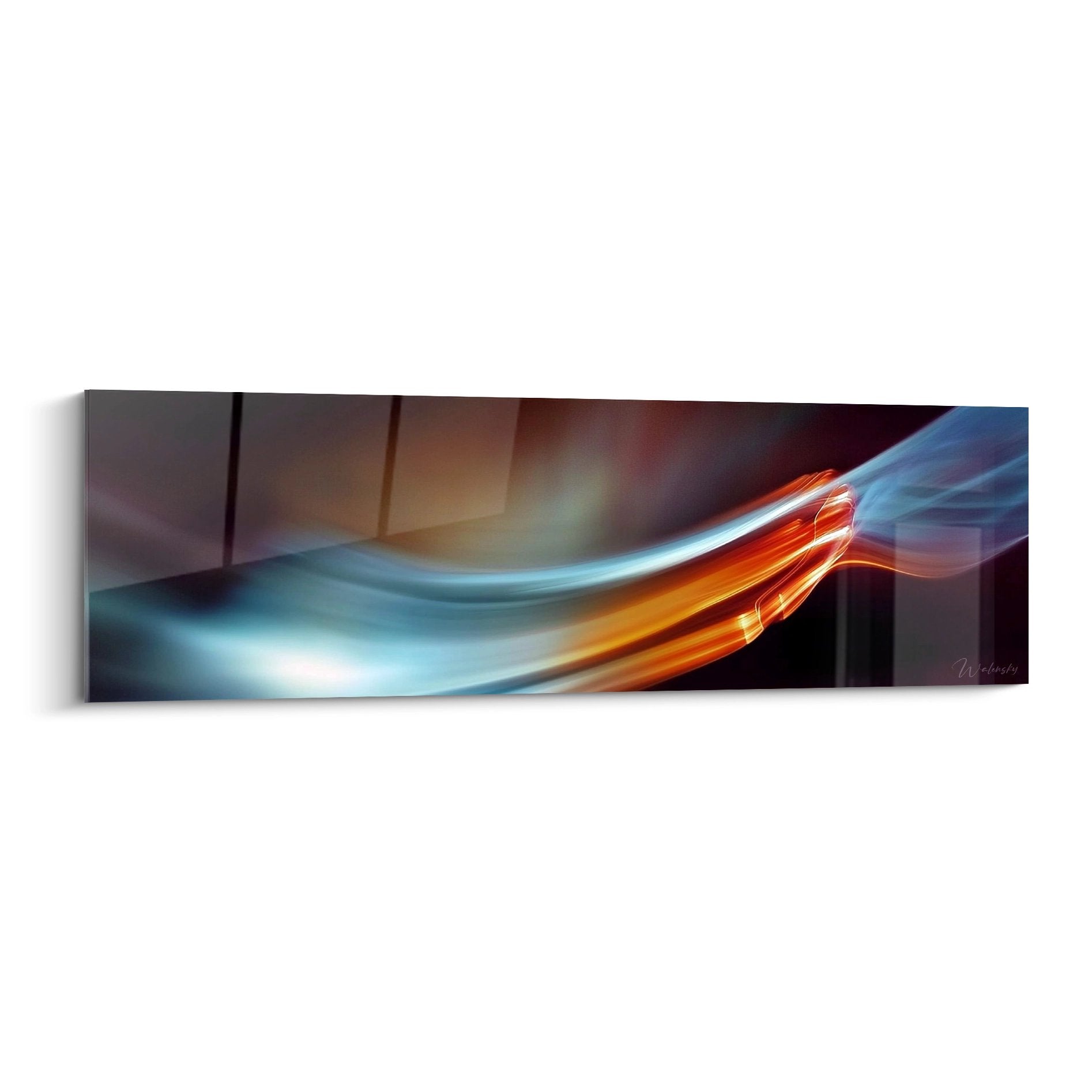 Tableau light painting flux lumineux abstrait onde flamboyante bleu orange décoration murale moderne