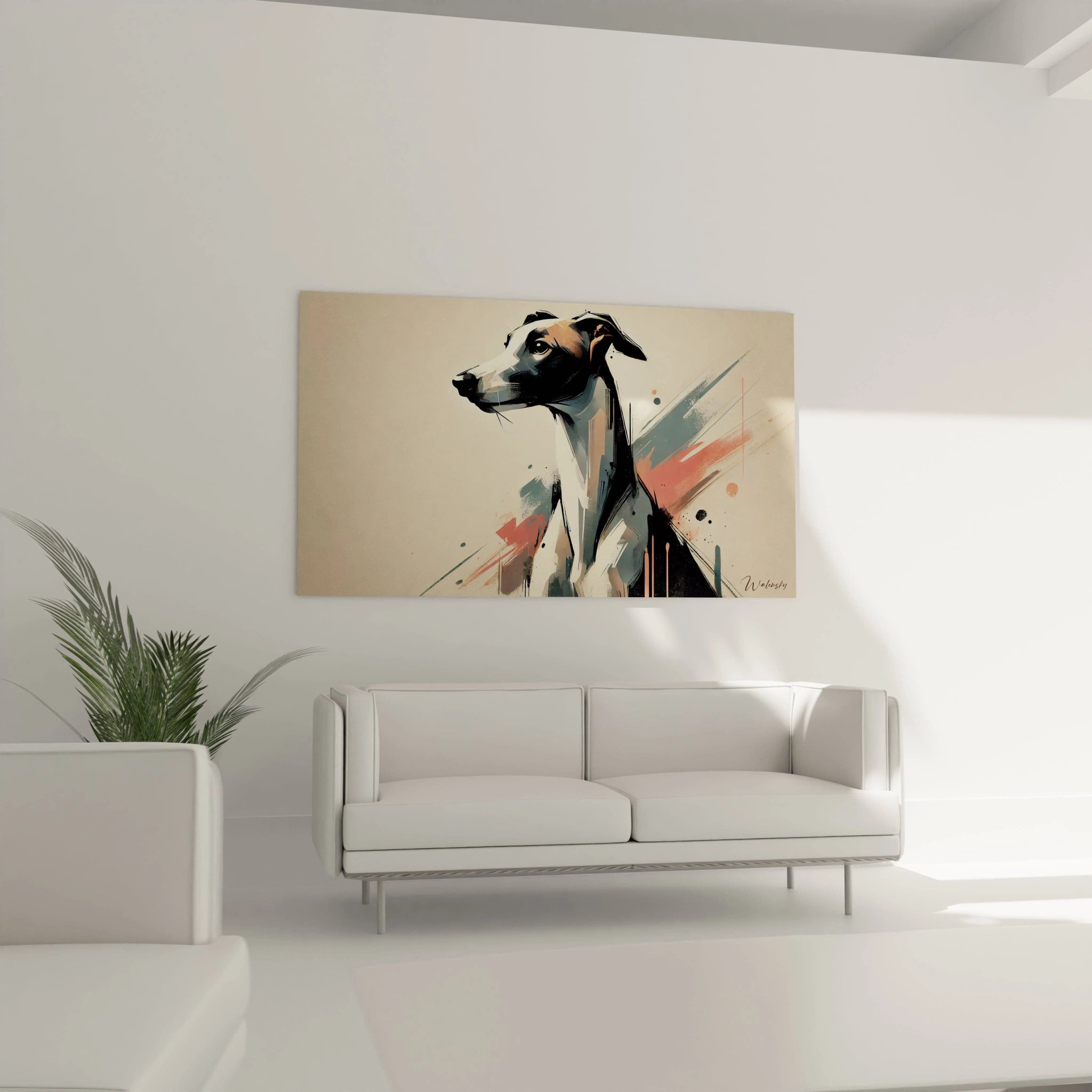 Ce tableau chien minimaliste trouve parfaitement sa place dans un salon moderne. Accroche au-dessus du canape, il apporte une touche de calme et de sophistication avec sa silhouette gracieuse de levrier.