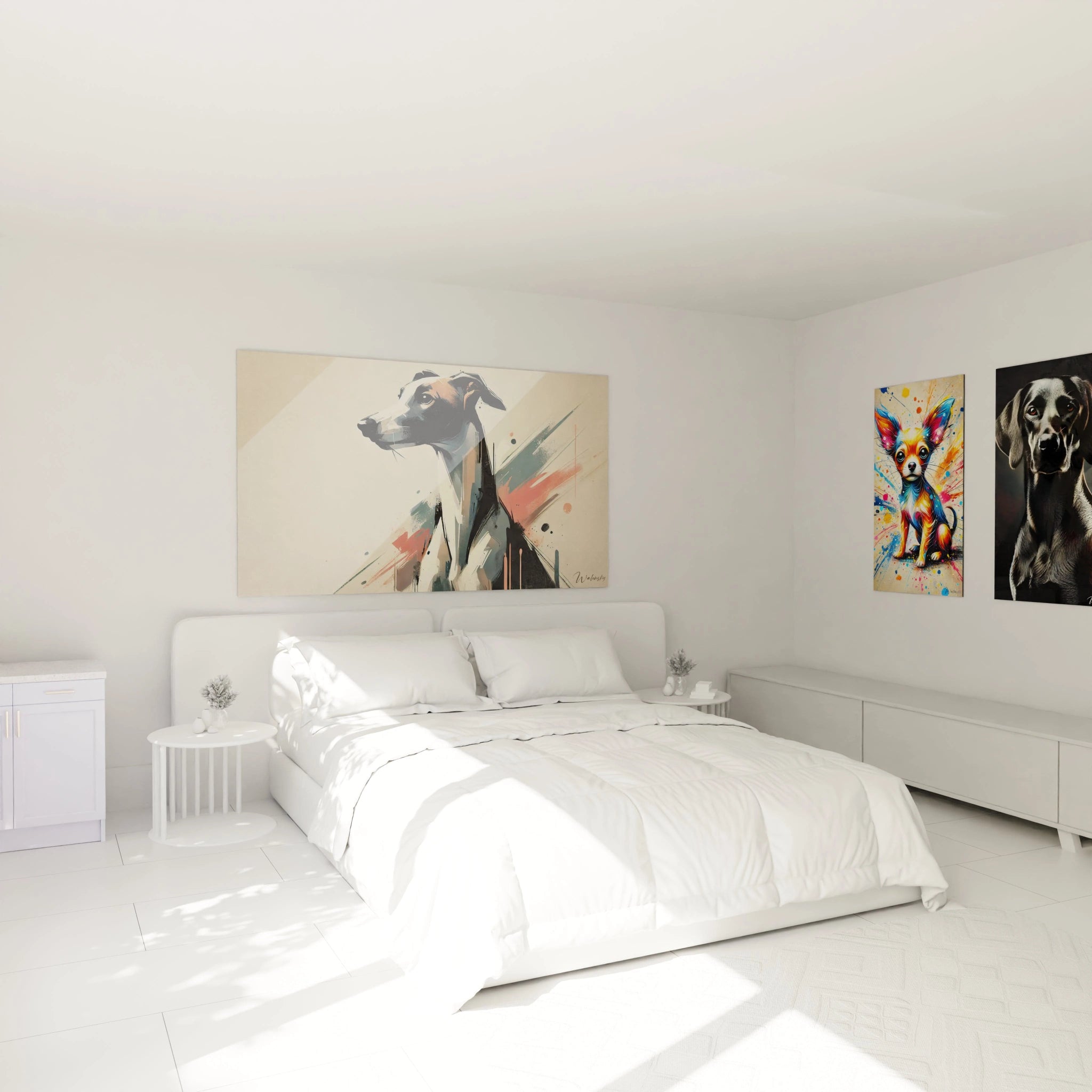 Ajoutez du charme et de l’elegance a votre chambre avec ce tableau chien au style epure accroche au-dessus du lit. La silhouette elegante du levrier transforme l’espace en un lieu raffine et apaisant.