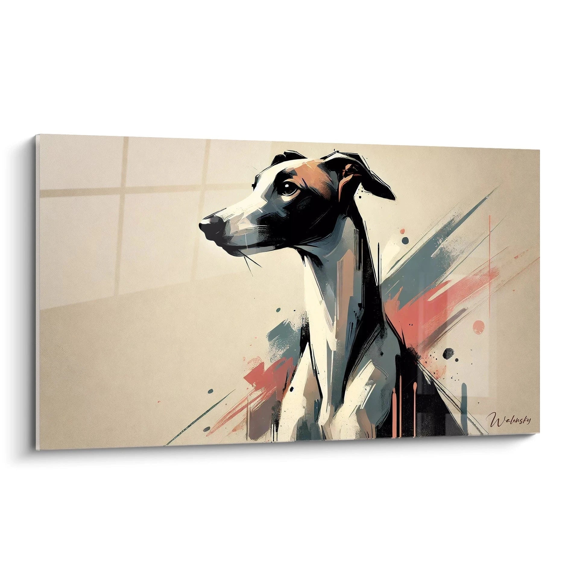 Ce tableau chien minimaliste avec un levrier vu de biais offre une elegance subtile et moderne. Ideal pour les interieurs contemporains, il ajoute une touche artistique unique sans encombrer la piece.