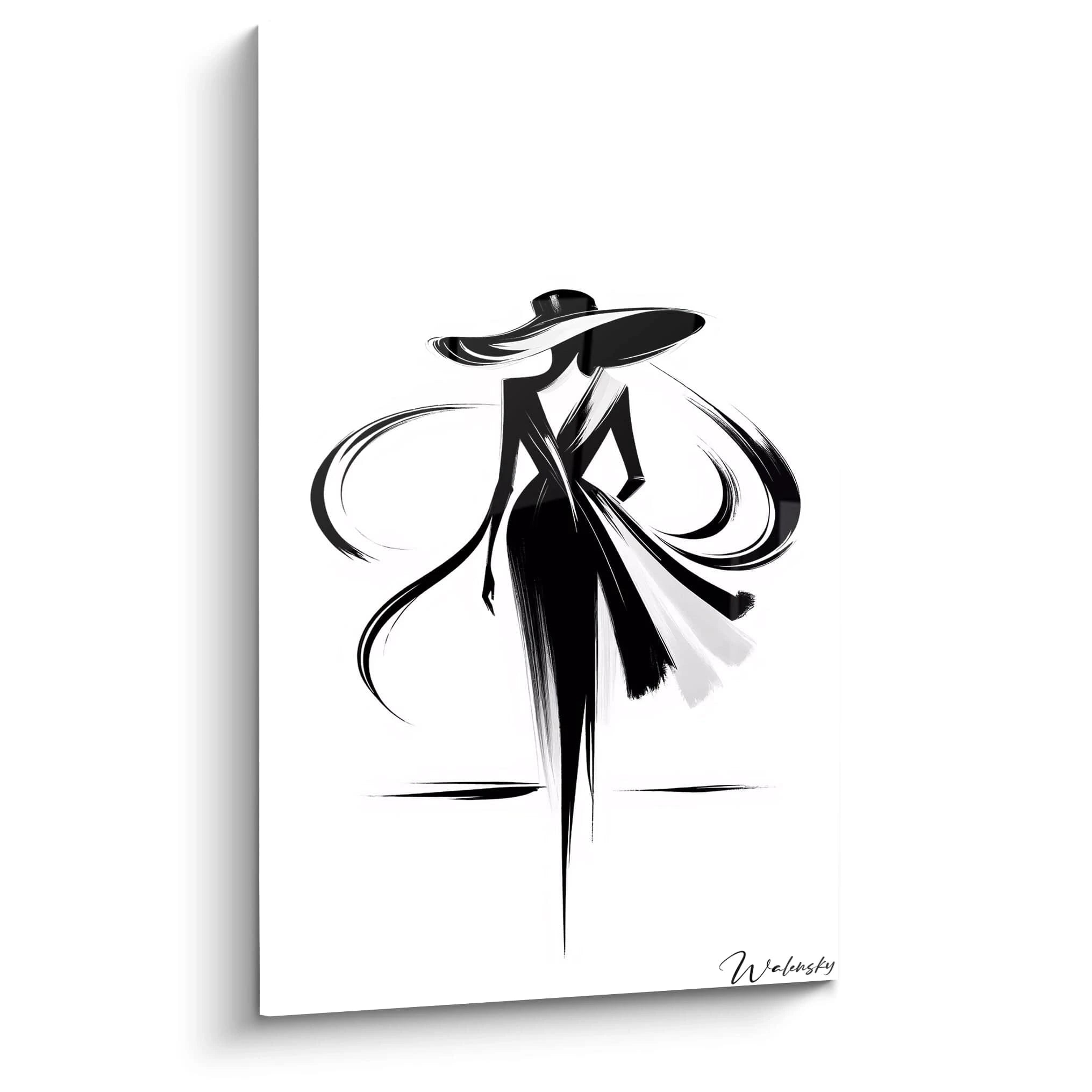 tableau noir et blanc vu de biais le jeu des lignes fluides et des contrastes monochromes capte l’elegance de la silhouette avec son chapeau et ses drapes mouvement subtil et raffine