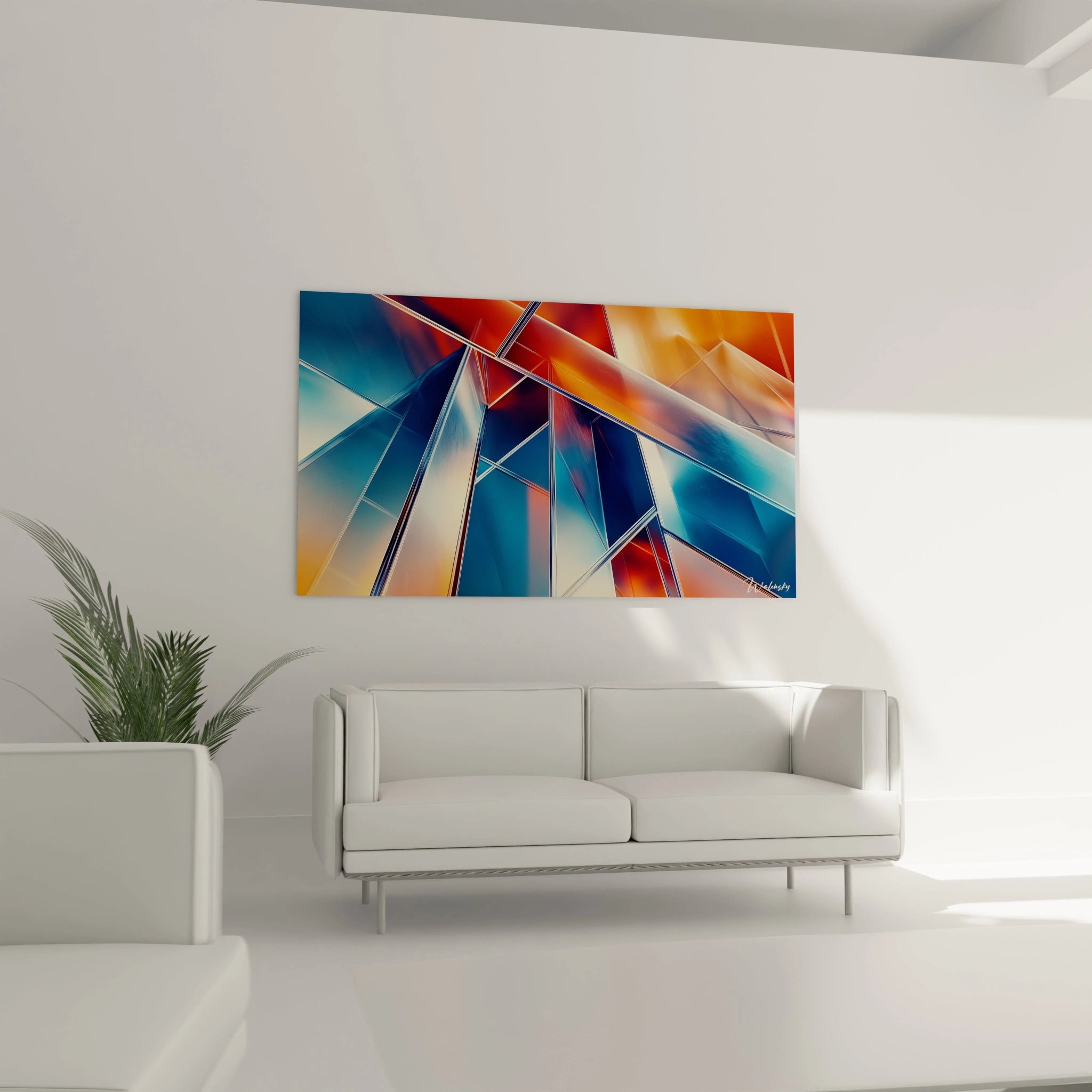 Tableau artistique abstrait où des surfaces métalliques aux teintes orange et bleu se croisent et se superposent, créant un effet de profondeur avec des lignes nettes et des éclats de lumière.