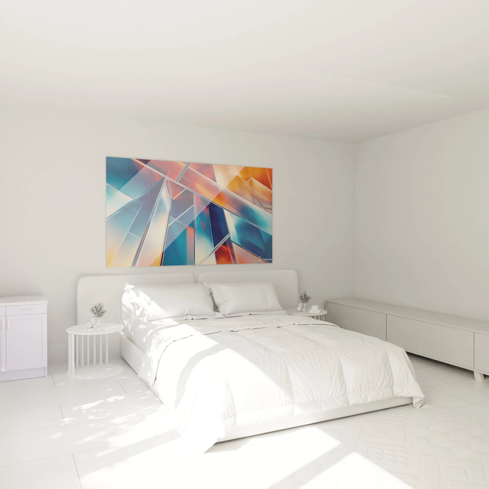 Ce tableau artistique abstrait présente des blocs géométriques croisés en bleu, orange et blanc, avec des surfaces brillantes et une texture lisse qui renforce l’aspect dynamique de l’œuvre.