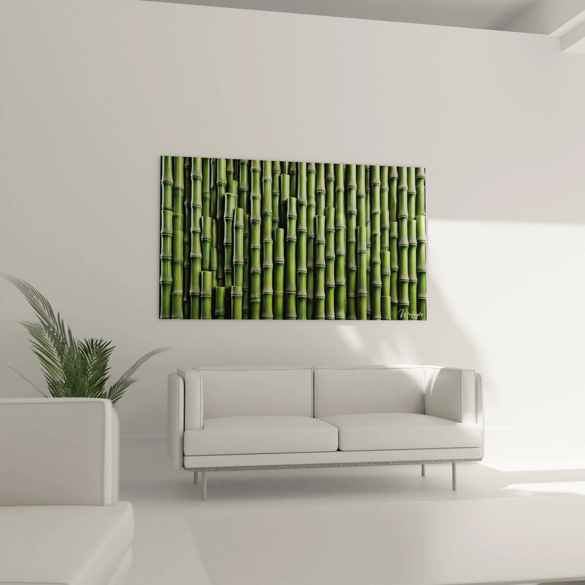 Accroché au-dessus du canapé, ce tableau bambou crée une ambiance zen dans votre salon, alliant nature et élégance pour un espace apaisant et moderne.