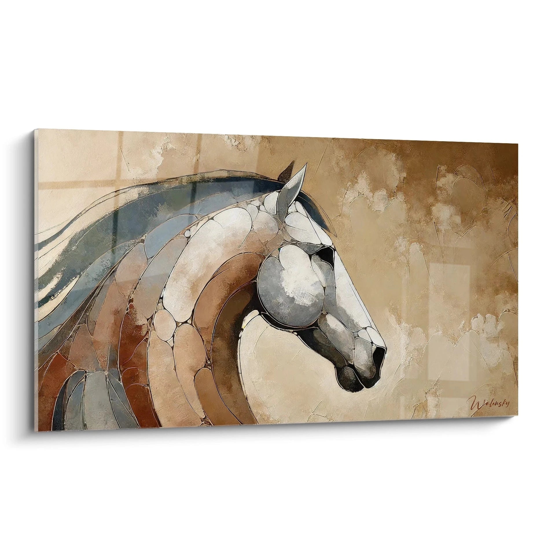 Ce tableau cheval vu de biais révèle son abstraction élégante, avec des formes géométriques subtiles. Une œuvre moderne parfaite pour apporter une touche artistique contemporaine à votre intérieur.