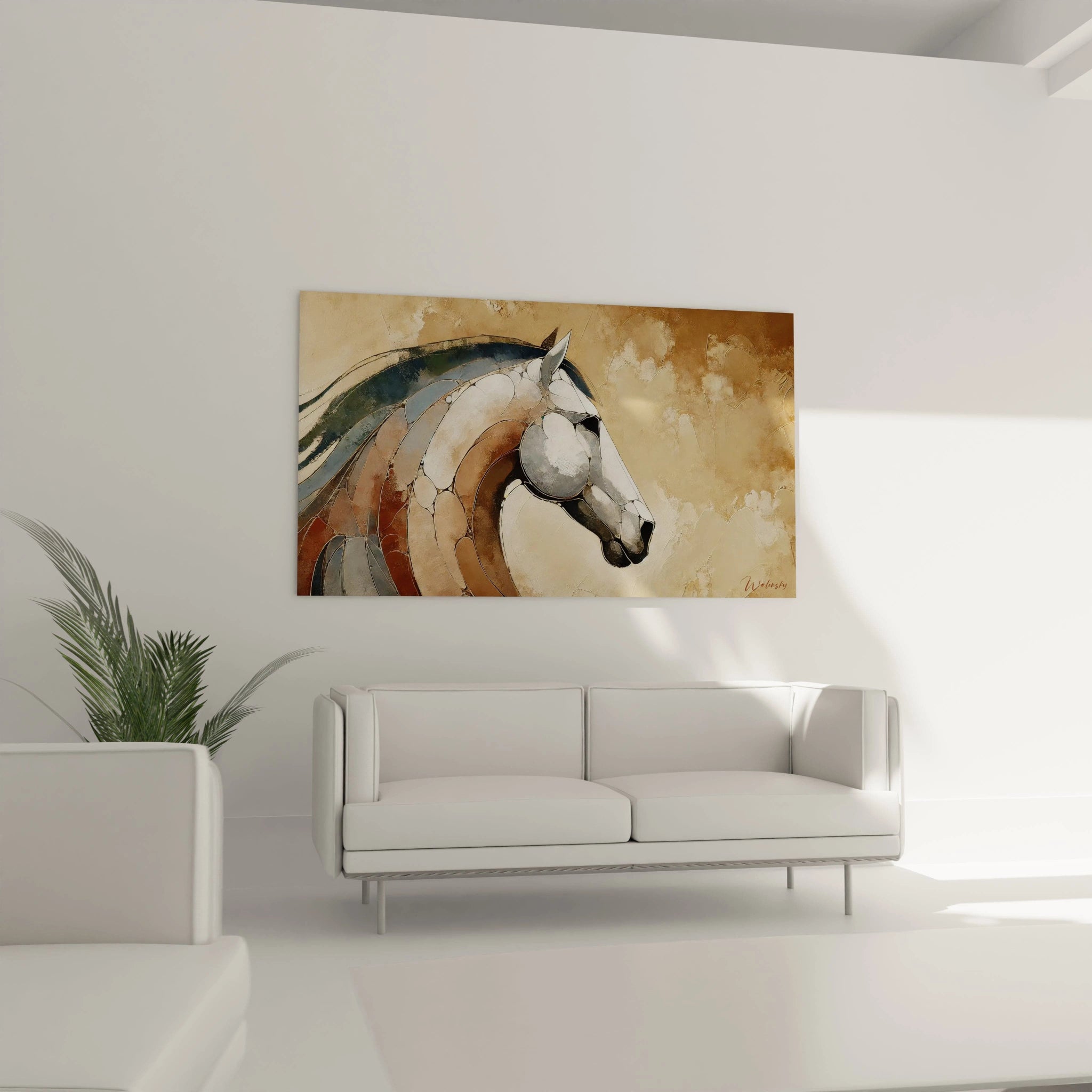 Placé au-dessus d’un canapé, ce tableau cheval sublime le salon en créant une atmosphère sophistiquée et contemporaine. Ses formes épurées et ses couleurs neutres s'intègrent harmonieusement dans tout décor minimaliste.