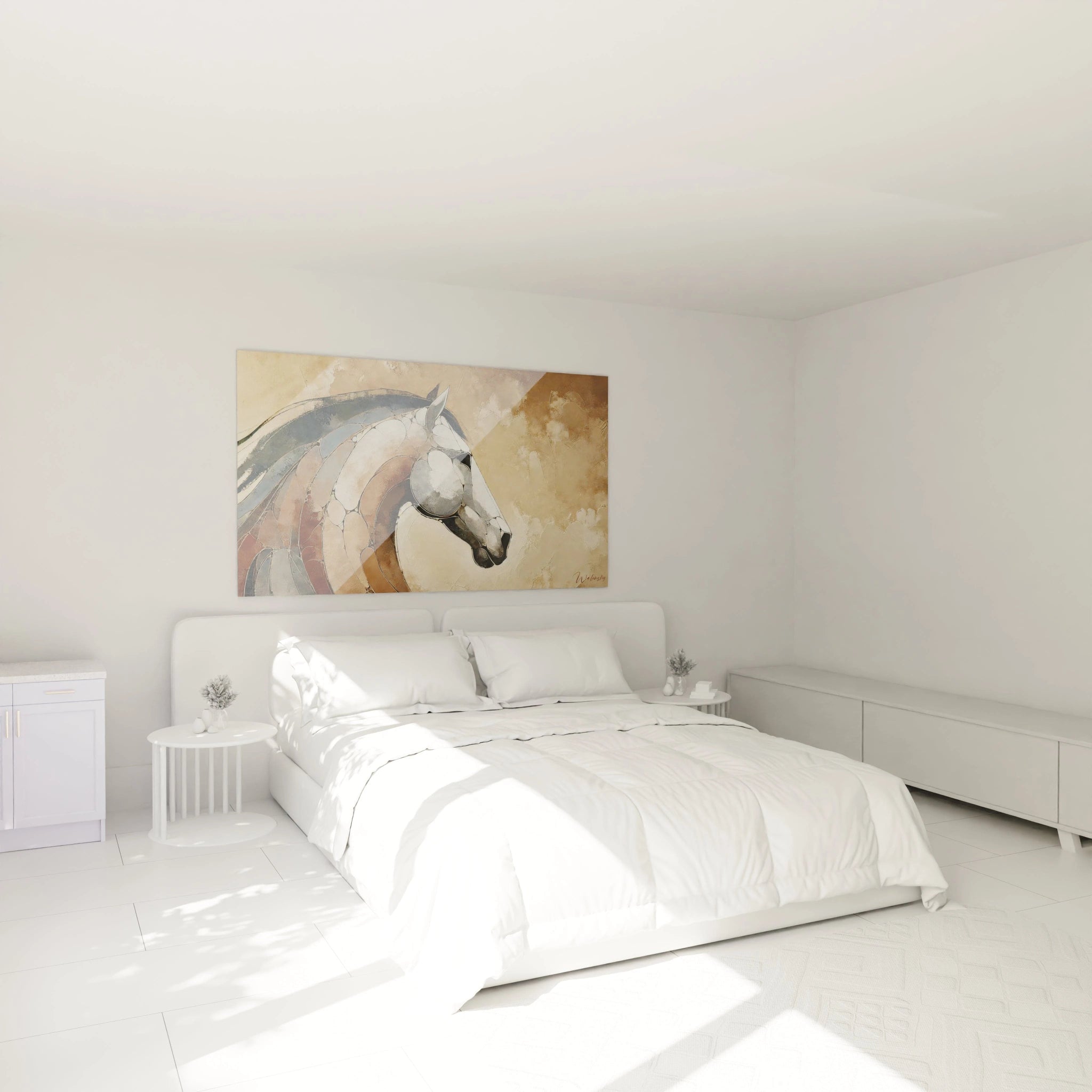 Accroché au-dessus d’un lit, ce tableau cheval devient la pièce maîtresse d'une chambre moderne et apaisante. Sa palette de tons doux et neutres complète parfaitement l'ambiance zen de l'espace.