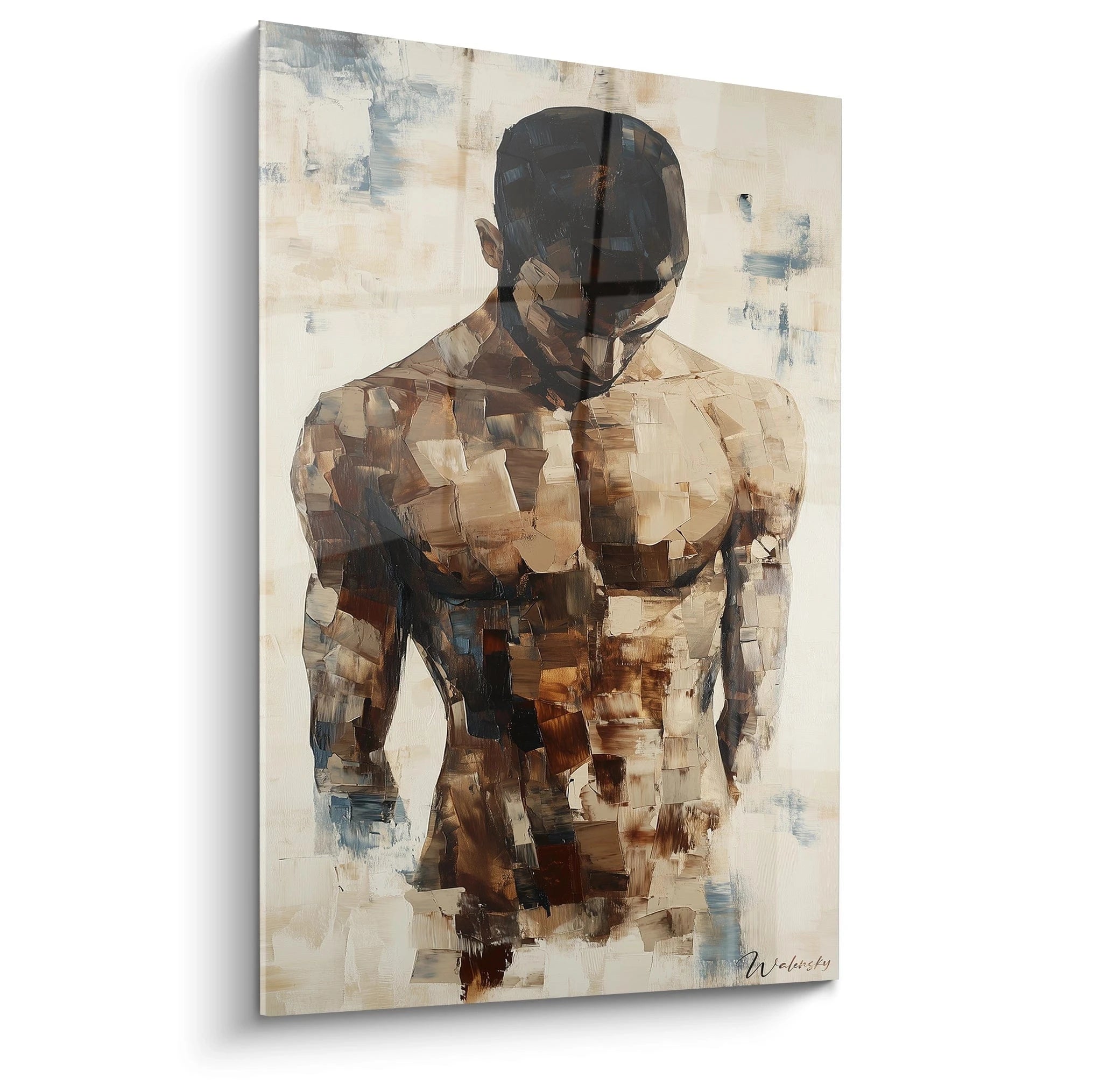 Un tableau sensuelle abstrait représentant une silhouette masculine fragmentée, avec des teintes marron, beige, et bleu, et des textures épaisses en relief sur un fond clair.