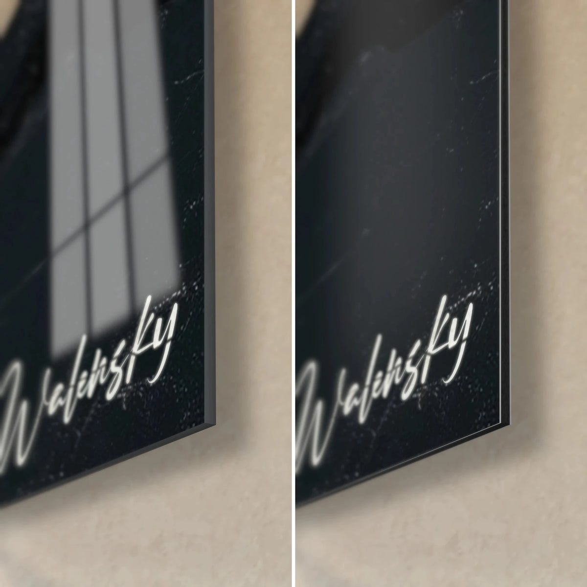 Wall art of a woman wearing a cracked black and ivory mask, bottom right corner, Walensky signature, glossy glass and matte Dibond