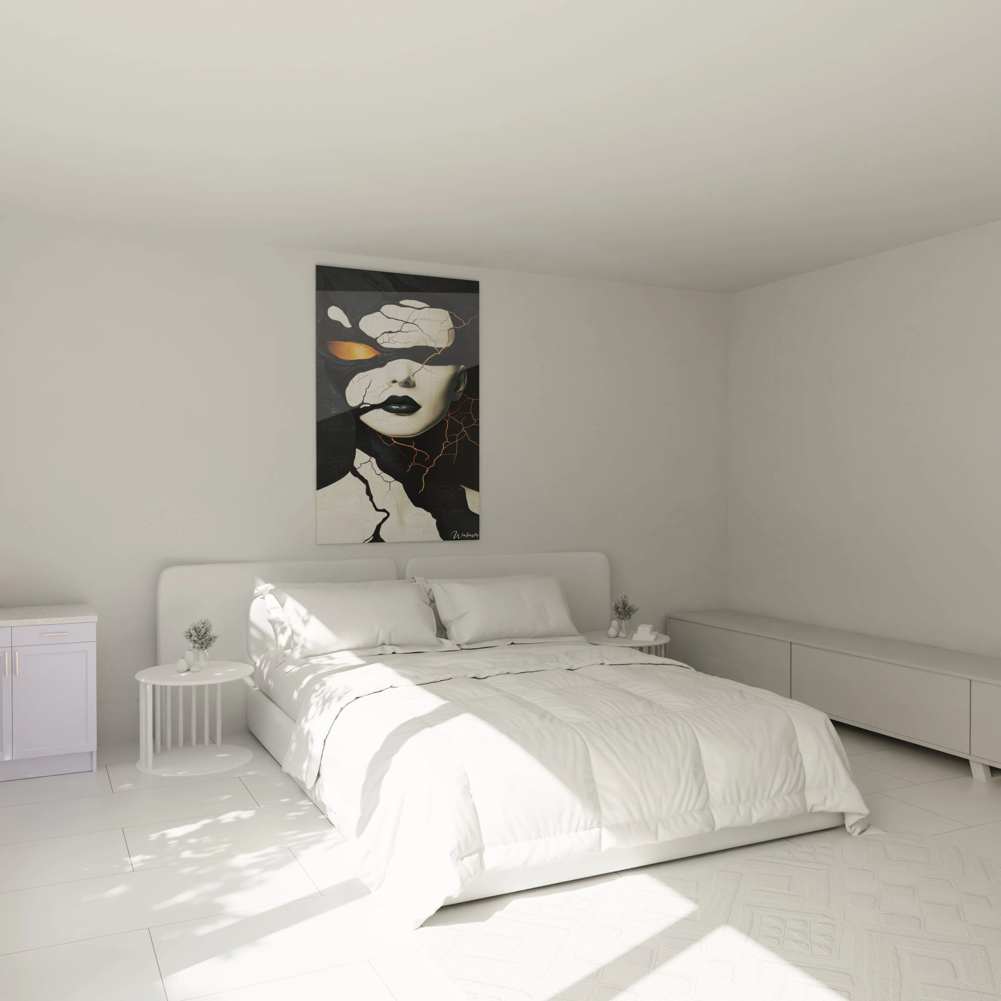 Un visage stylisé dans un tableau surréalisme abstrait, composé de noir intense, blanc cassé et orange éclatant, avec des craquelures détaillées et des formes dynamiques.