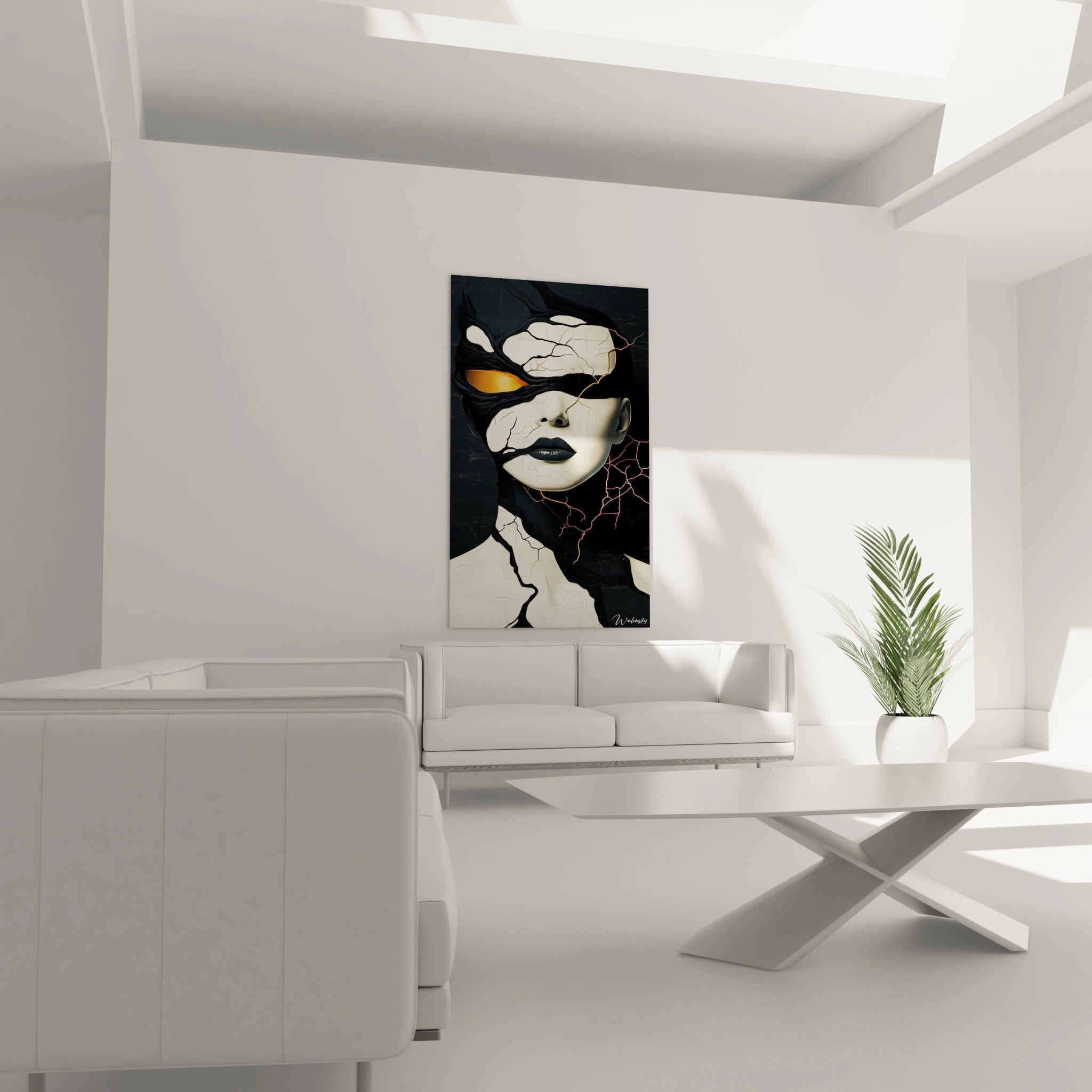 Un tableau surréalisme abstrait montrant un visage fragmenté, mêlant des nuances de noir, blanc et orange vif, avec des textures craquelées et des lignes fluides superposées.