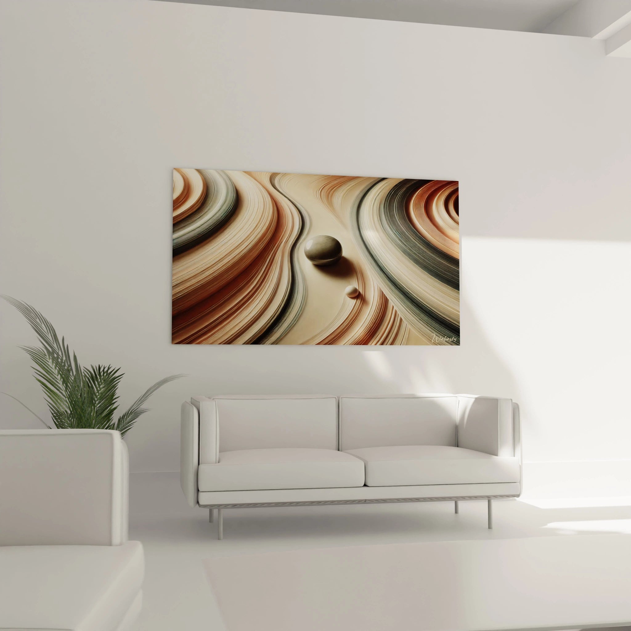 Accroche dans votre salon, ce tableau zen offre une touche d'elegance et de calme. Ses couleurs douces et ses lignes naturelles creent une atmosphere apaisante.