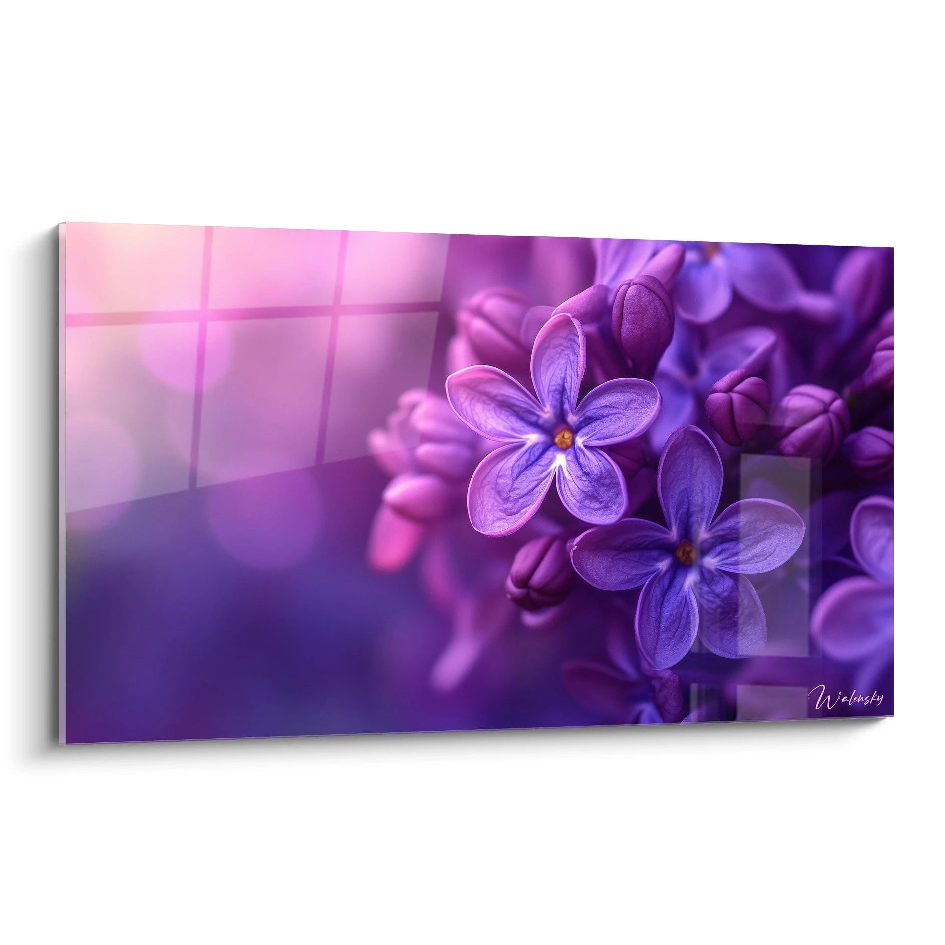 Un tableau Lilas nature représentant des fleurs de lilas violettes et roses. Les textures douces et les dégradés de couleurs créent une atmosphÚre lumineuse avec un arriÚre-plan flou en violet.