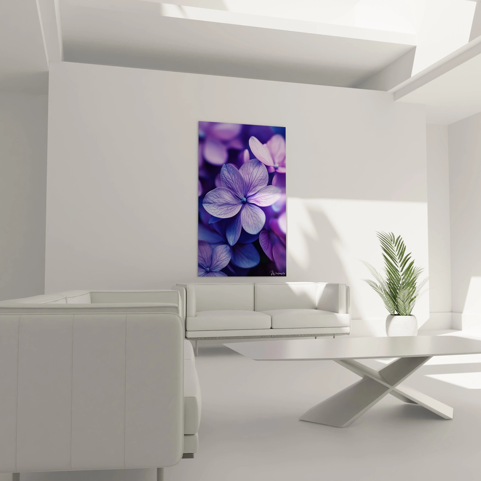 Un tableau Lilas nature centré sur une fleur violette, soulignant des nervures délicates, de subtils tons de rose et une texture lisse sur un arriÚre-plan fondu violet.