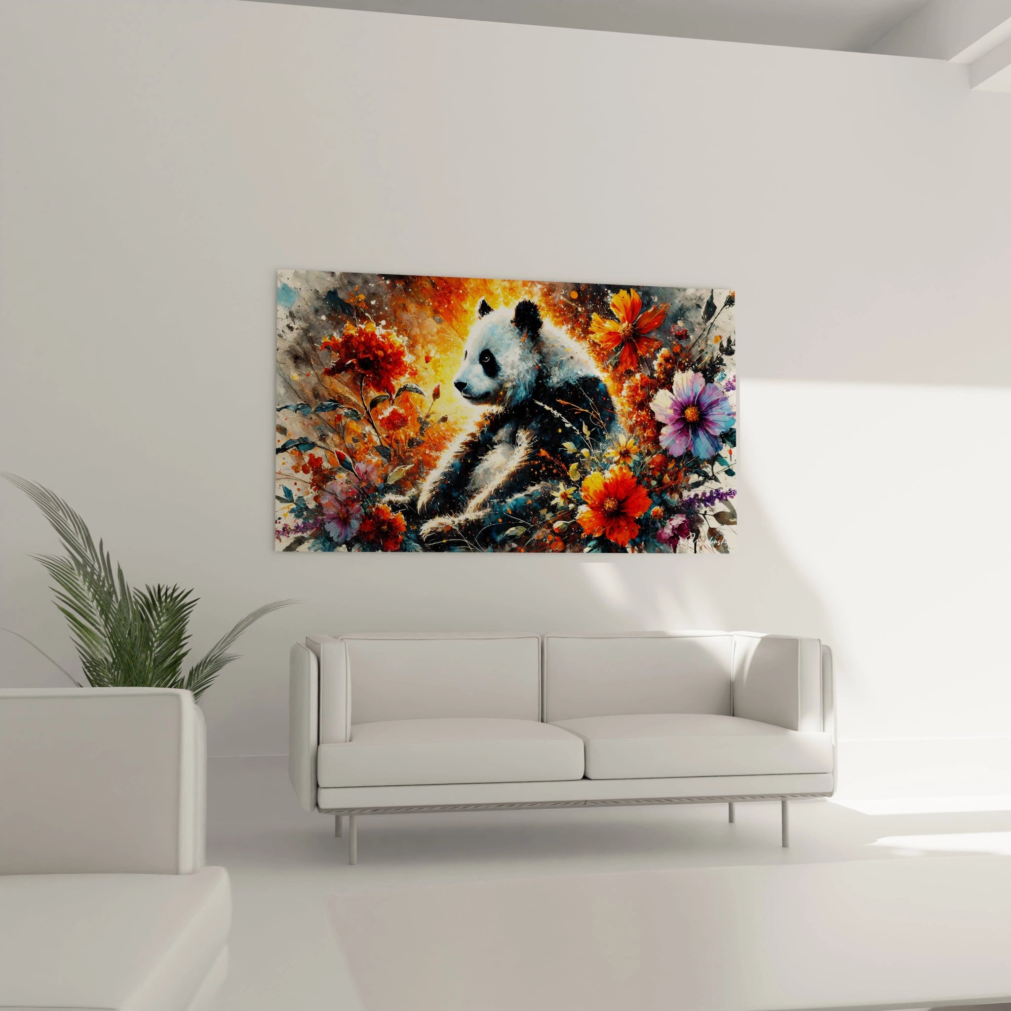 Tableau panda geant accroche dans un salon. Associe elegance du panda et explosion de couleurs florales. Ce tableau dynamise l'espace et inspire joie et connexion avec la nature.