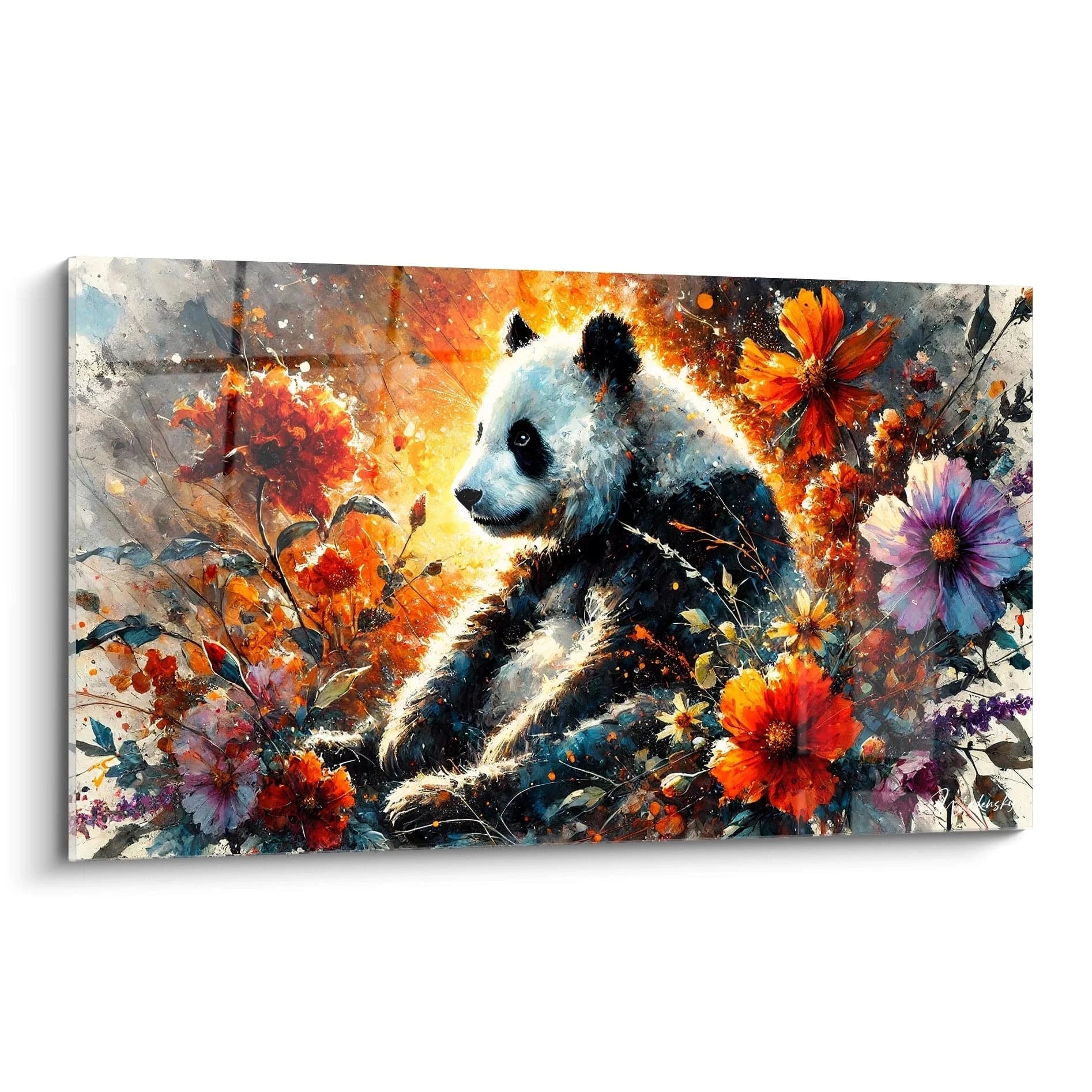 Tableau panda geant vu de biais avec des couleurs florales vibrantes. Ideal pour une decoration qui evoque la nature et la vitalite. Ce tableau apporte dynamisme et elegance a tout interieur.
