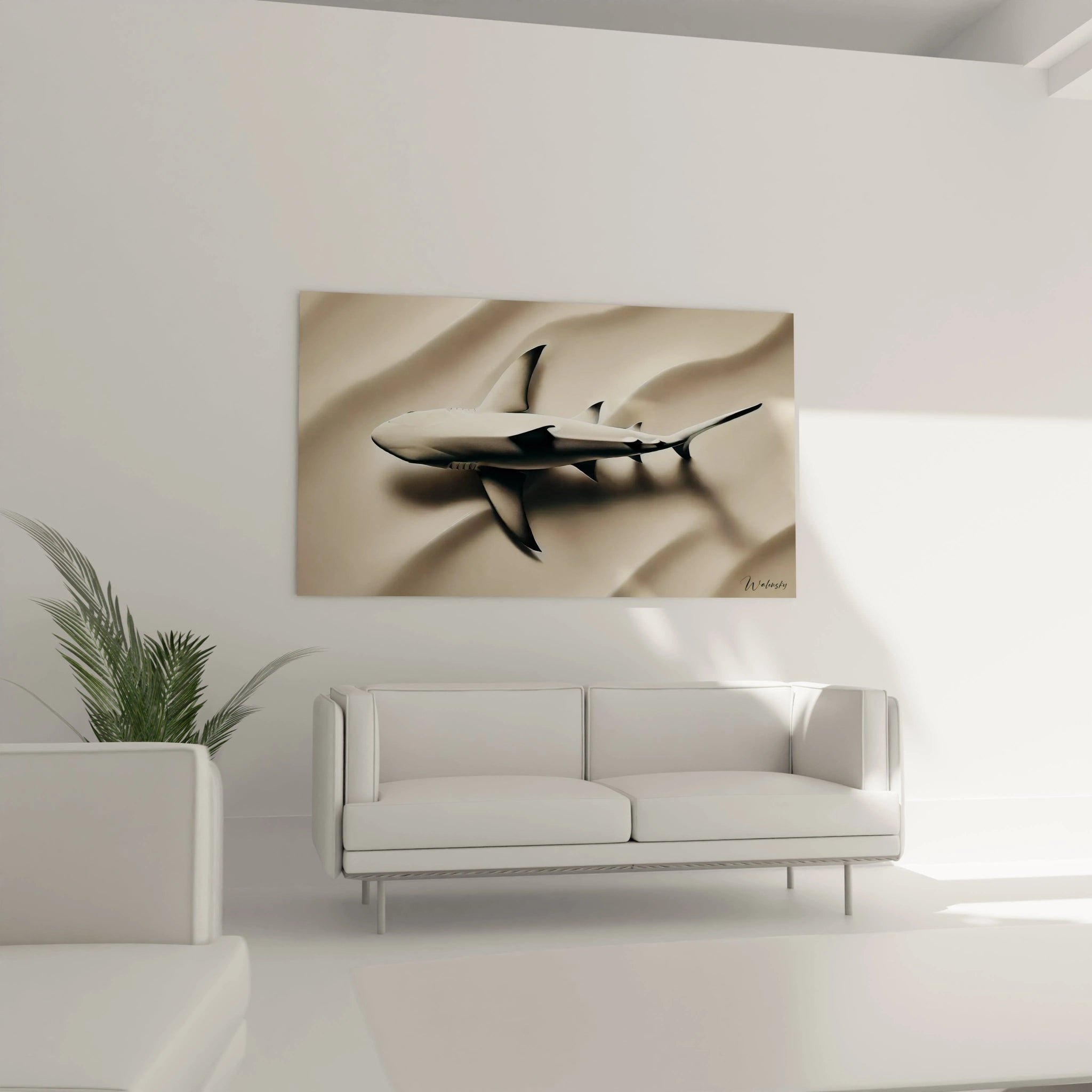 tableau requin au dessus d un canapé dans le salon ajoute une touche mysterieuse et contemporaine ambiance calme et puissante ideal pour decor chic et minimaliste piece unique de caractere