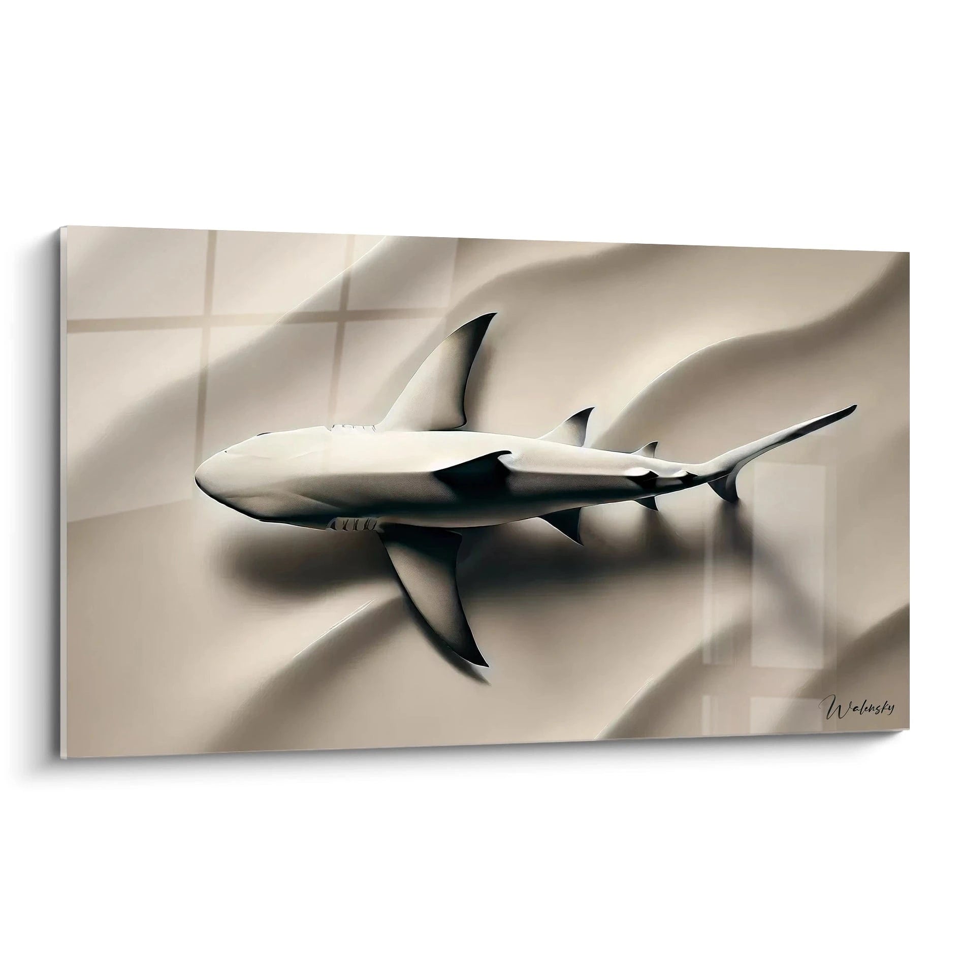 tableau requin de biais capturant l essence du predateur dans un style minimaliste epure parfait pour une deco sobre contraste des vagues subtiles et du requin puissant elegance assuree