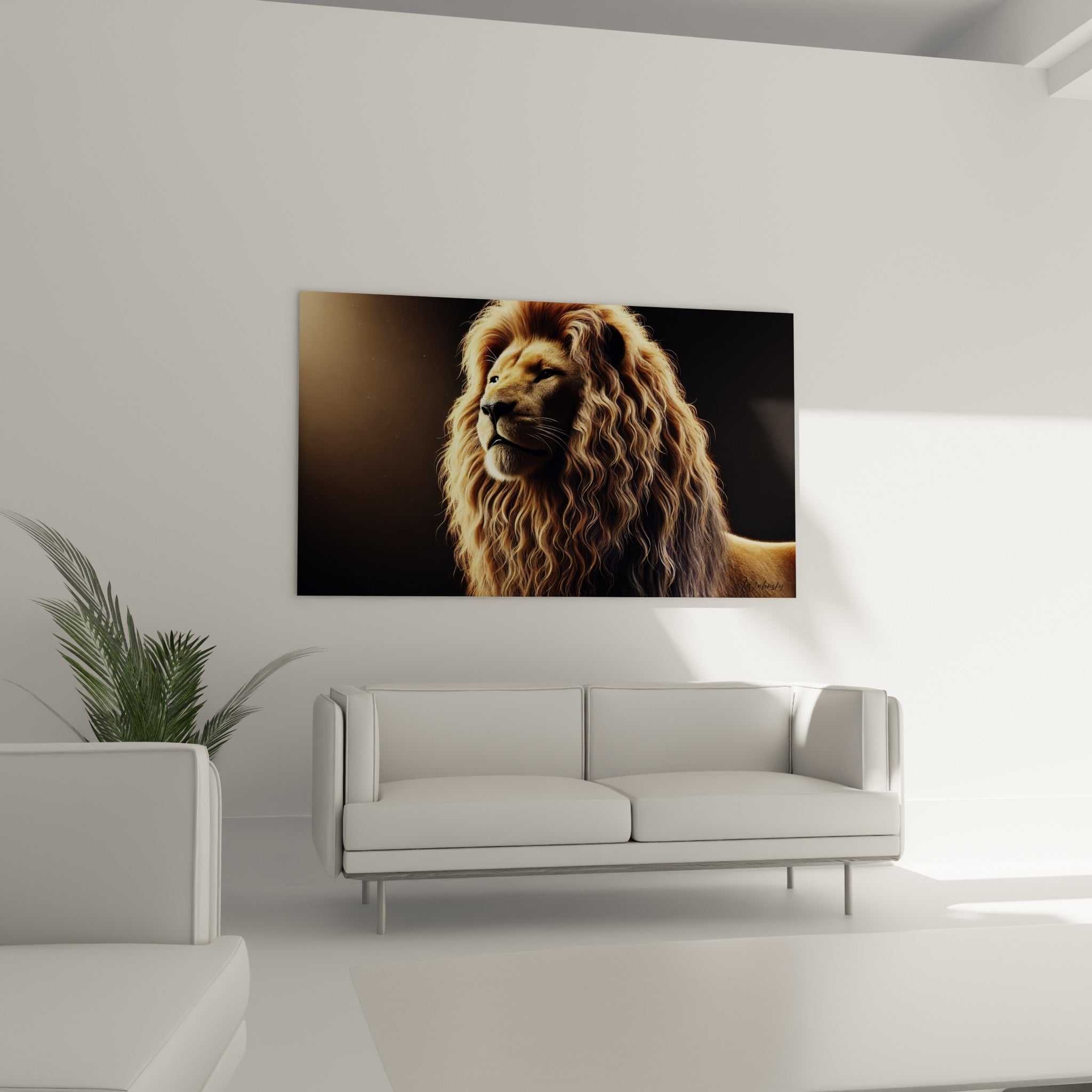 Crinière ambrée et museau sombre du lion accrochés au-dessus d'un canapé dans un salon lumineux