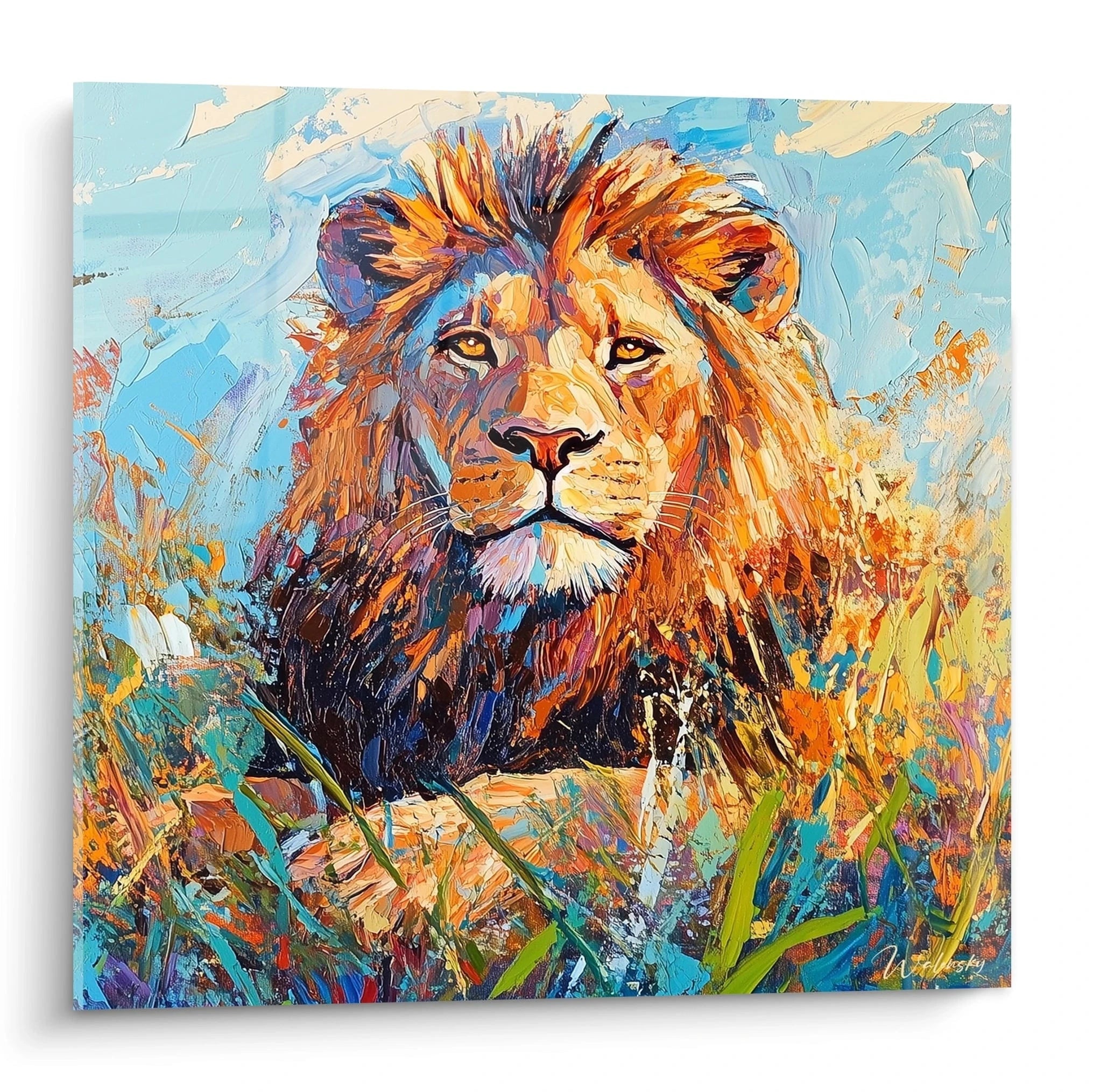 Tableau lion coloré par Walensky avec un lion majestueux peint en style artistique vibrant