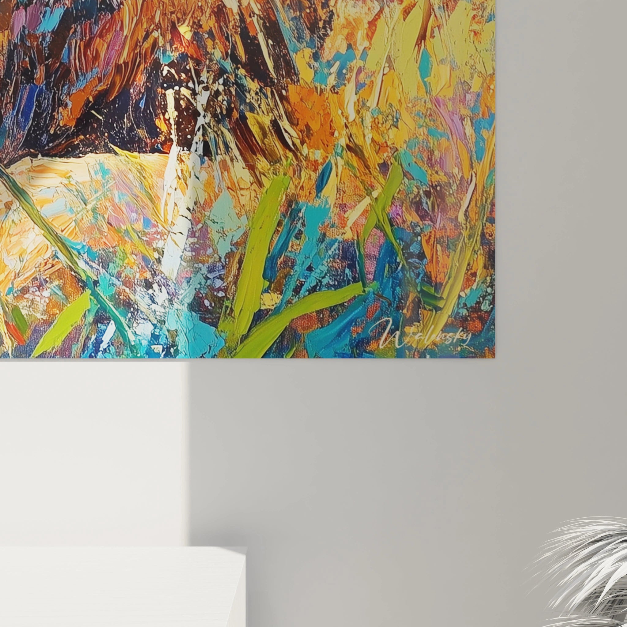 Tableau lion coloré et abstrait de Walensky avec des touches vives de jaune, bleu et vert