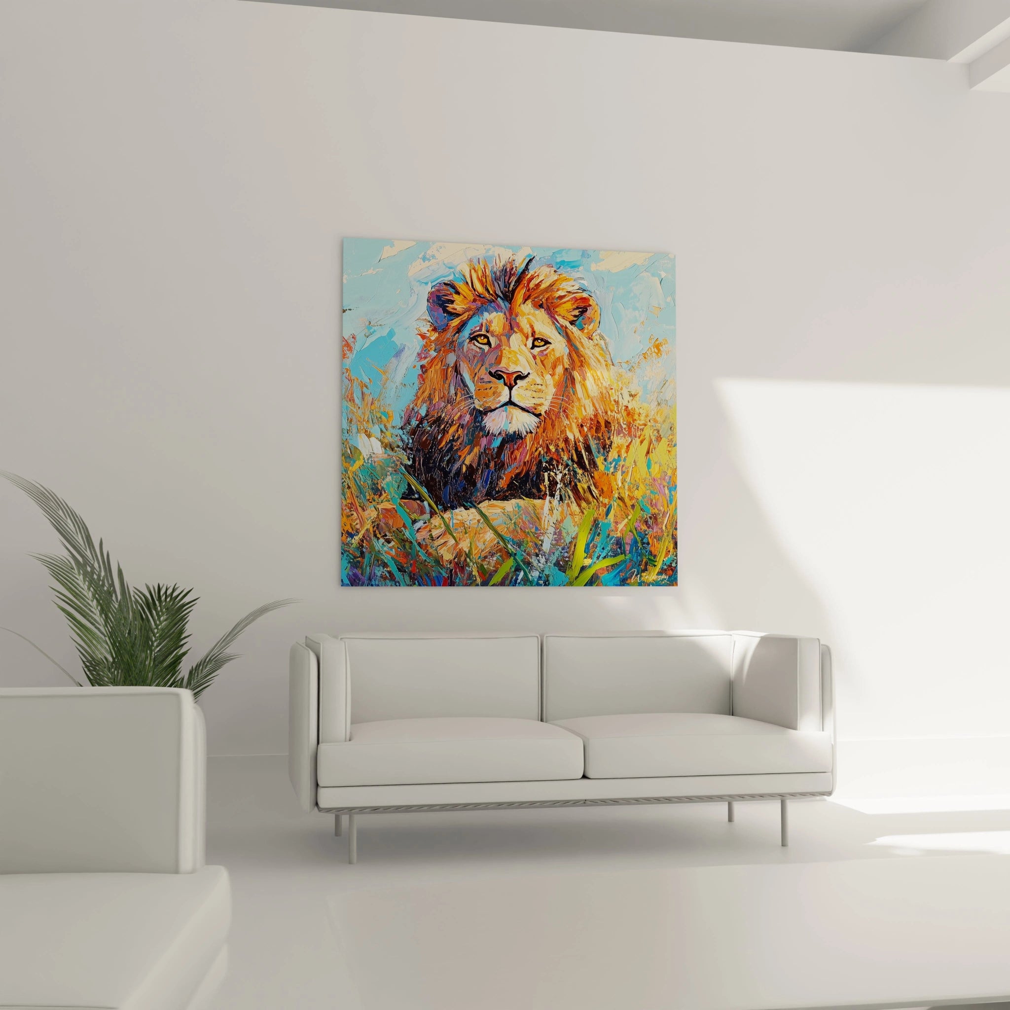 Tableau Walensky représentant un lion coloré accroché au-dessus d'un canapé moderne blanc