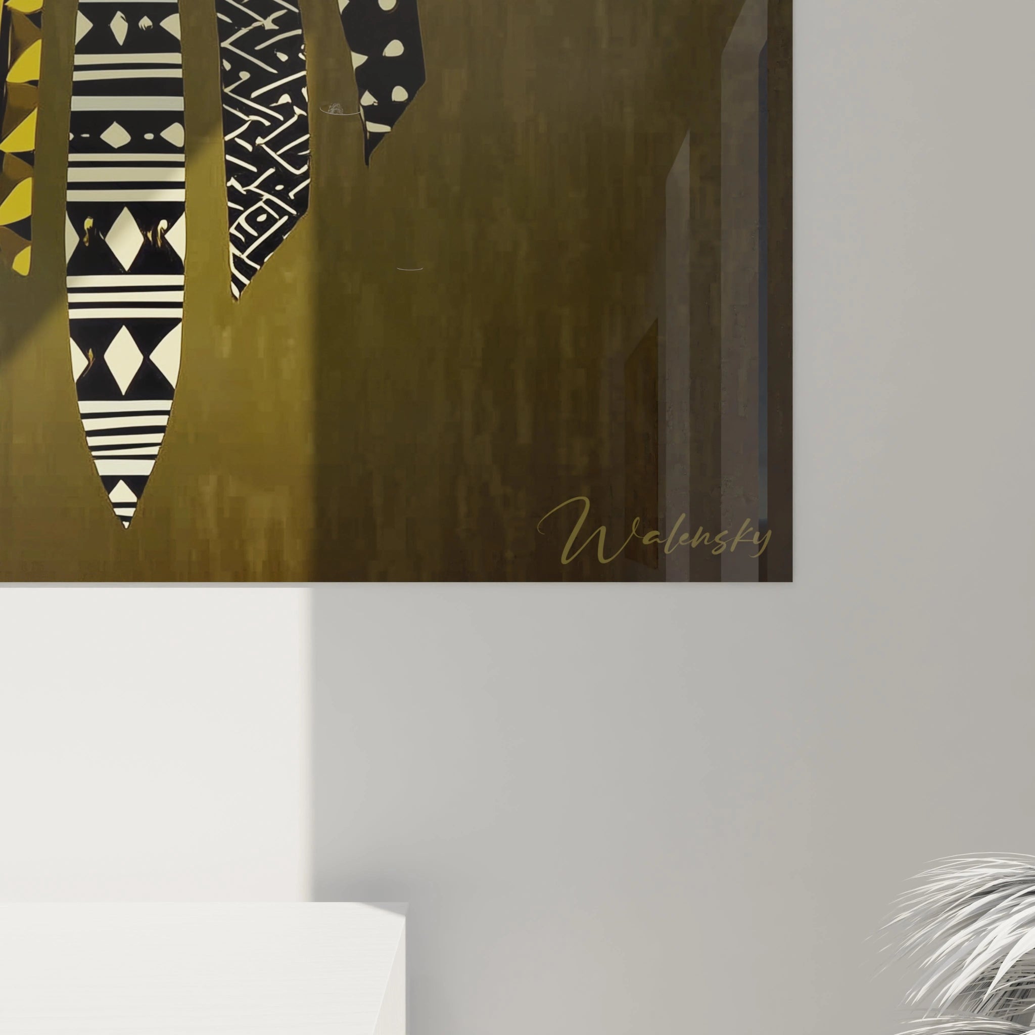 Tableau lion tribal mural Walensky avec motifs ethniques noirs blancs et dorés, signature visible