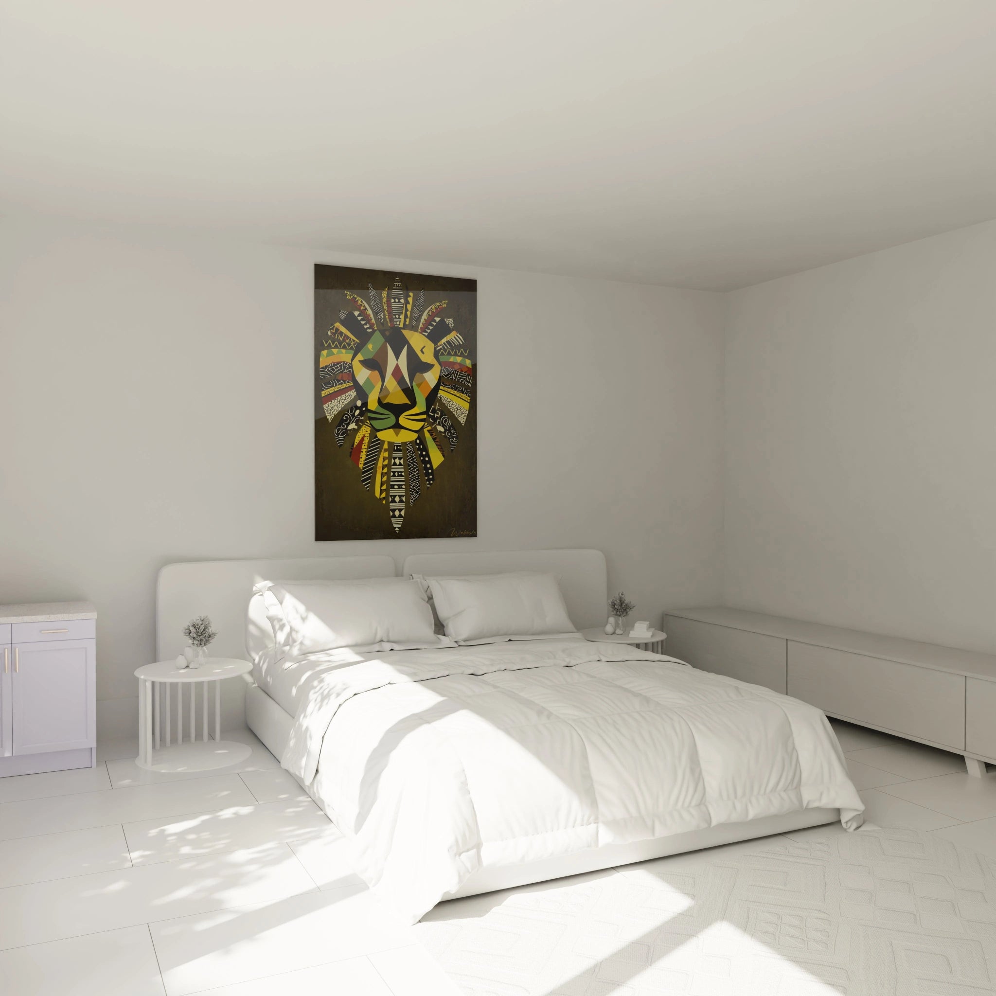 Chambre minimaliste avec lit blanc et tableau lion tribal coloré style ethnique de Walensky au mur