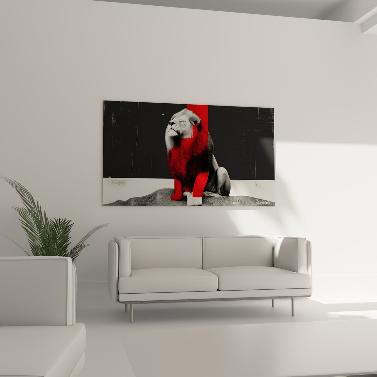 Silhouette du lion à la crinière écarlate placée au-dessus d'un canapé dans un salon lumineux
