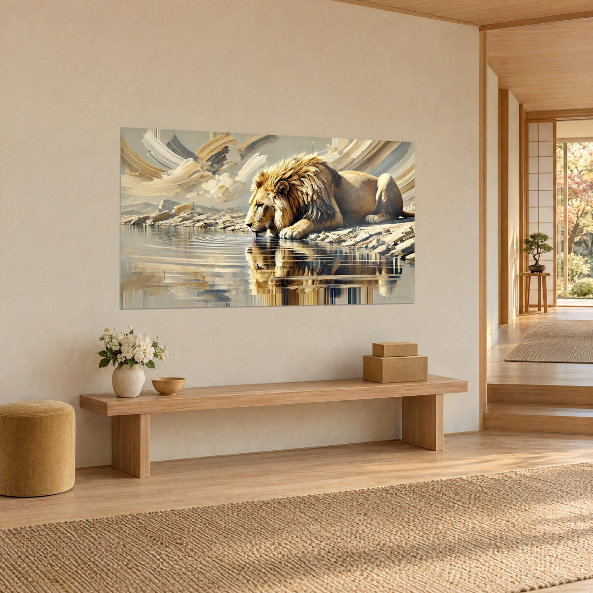 Tableau félin à crinière fauve couché au bord d'un lac, reflet ocre et argent ondulant, vue de trois-quarts sur un mur crème japandi